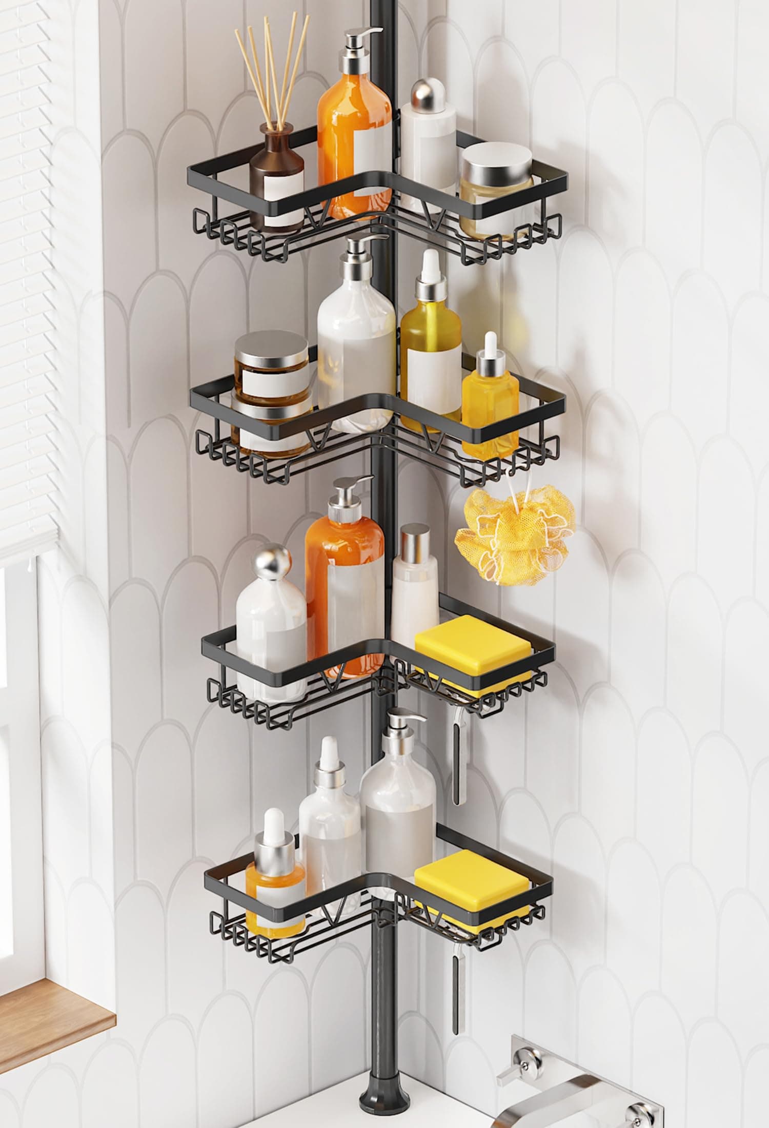 KEGII Etagere Douche - Etagere Telescopique Douche Sans Percage, Tablette d'Angle Réglable en Hauteur avec 4 Paniers, Noir