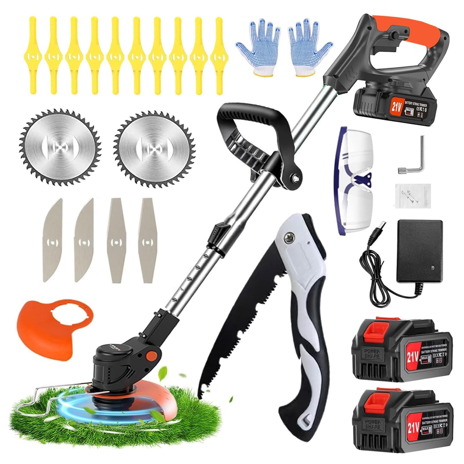 Decespugliatore a Batteria, 21V Tagliabordi a Batteria, Decespugliatore Elettrico con 2 2.0Ah Batterie e 3 Tipi di Lame, Altezza regolabile e testa girevole a 90°Per Il Taglio Di Giardini