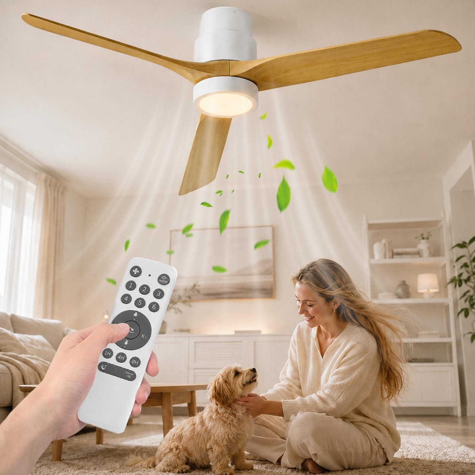 Ateroll Ventilateur de Plafond 3 Pales en ABS Ø132cm, Ventilateur Plafond Moderne 3 Températures LED (3000K-6500K), Télécommande Dimmable 6 Vitesses & Minuterie pour Chambre, Salon & Balcon