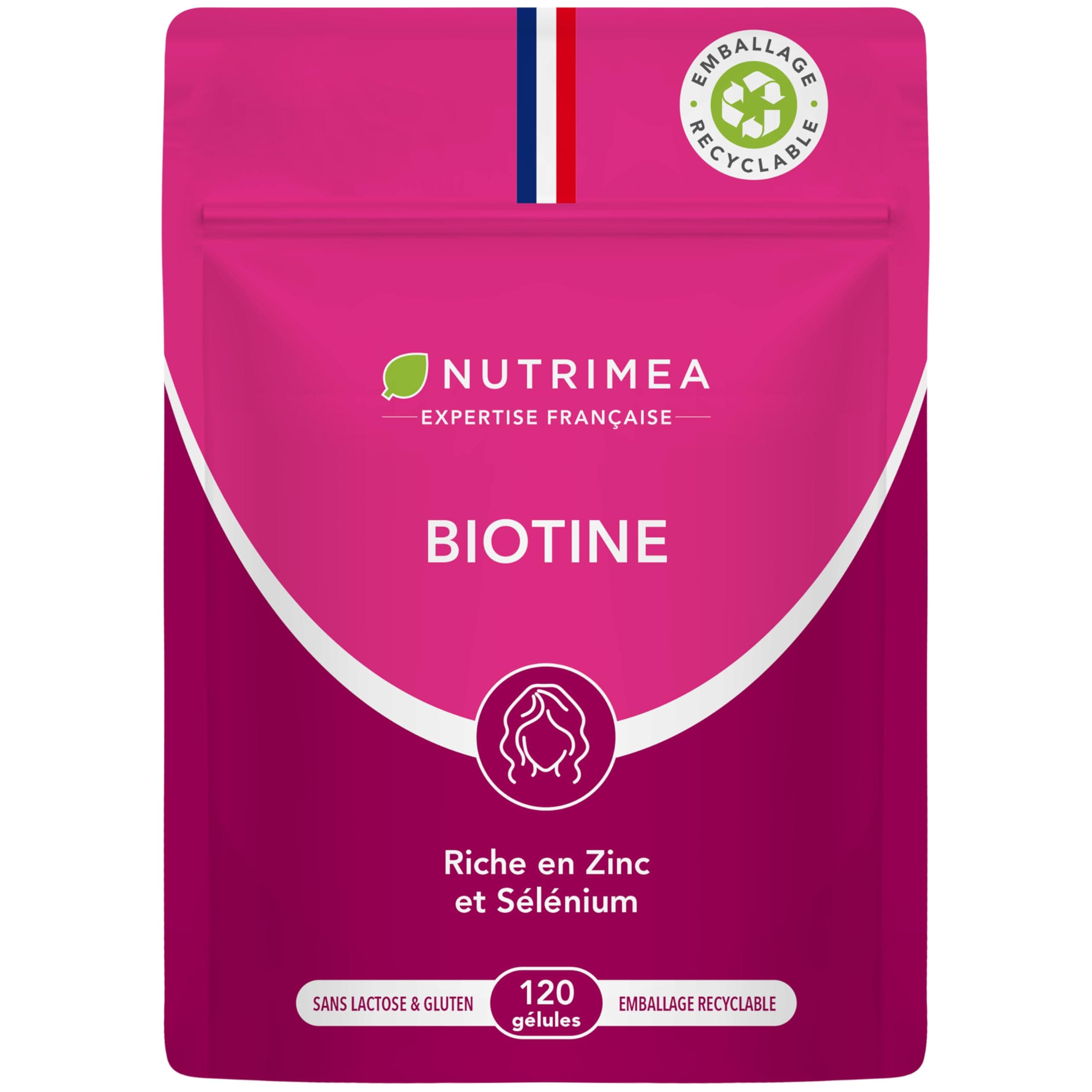 BIOTINE | Sans Excipient | Accélère la Pousse des Cheveux & Ongles | Avec Vitamine B8, Pépins de Courge, Zinc et Sélénium | 120 Gélules Vegan | Fabrication Française | Nutrimea