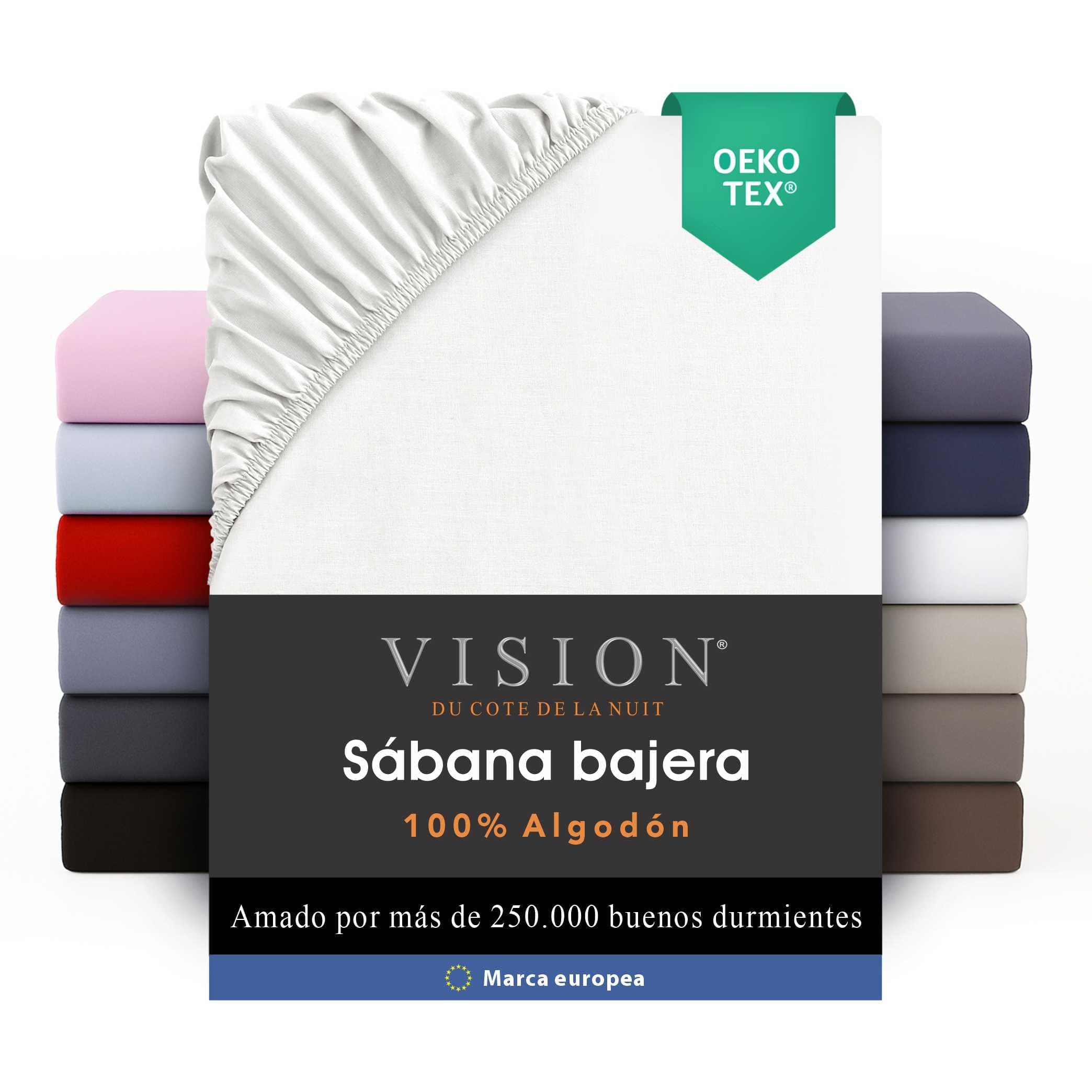 VISION Sábana Ajustable - 100% algodón - Cama Individual (90 x 190 cm) - Esquinas elásticas - Se Adapta a colchones de hasta 25 cm - Certificación Oeko-Tex - Lavable a máquina - Color: Blanco