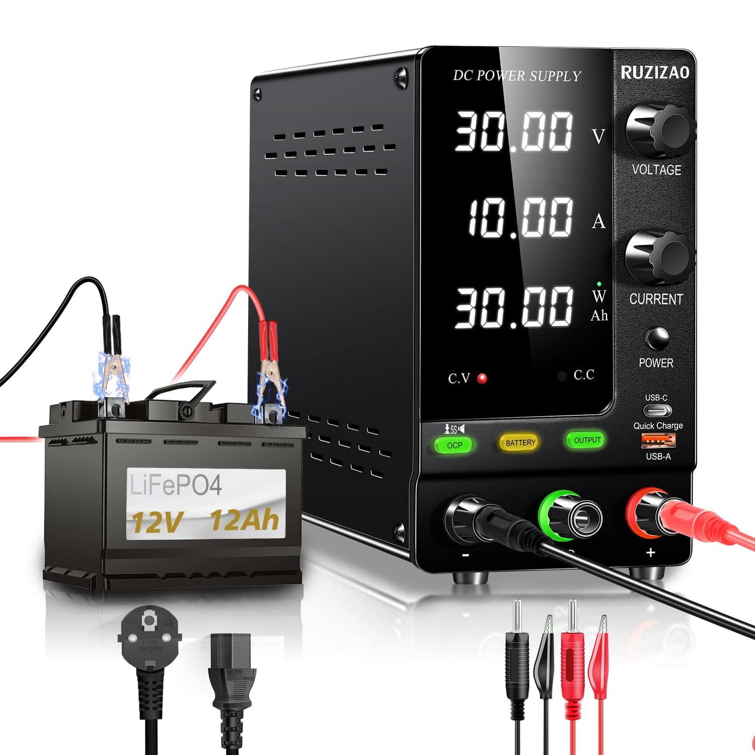 RUZIZAO Alimentation de Laboratoire 30V 10A, 300W Encodeur et Affichage LED à 4 Chiffres Alimentation Stabilisée Réglable pour Chargement de Batterie 1V~25V Interrupteur de Sortie Détection de Charge