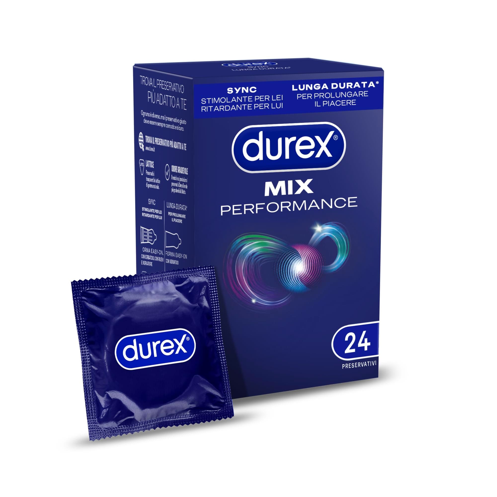 Durex Mix Performance, Preservativi Durex Lunga Durata e Sync, Preservativi Ritardanti per Lui e con Rilievi e Nervature per Lei, 24 Profilattici