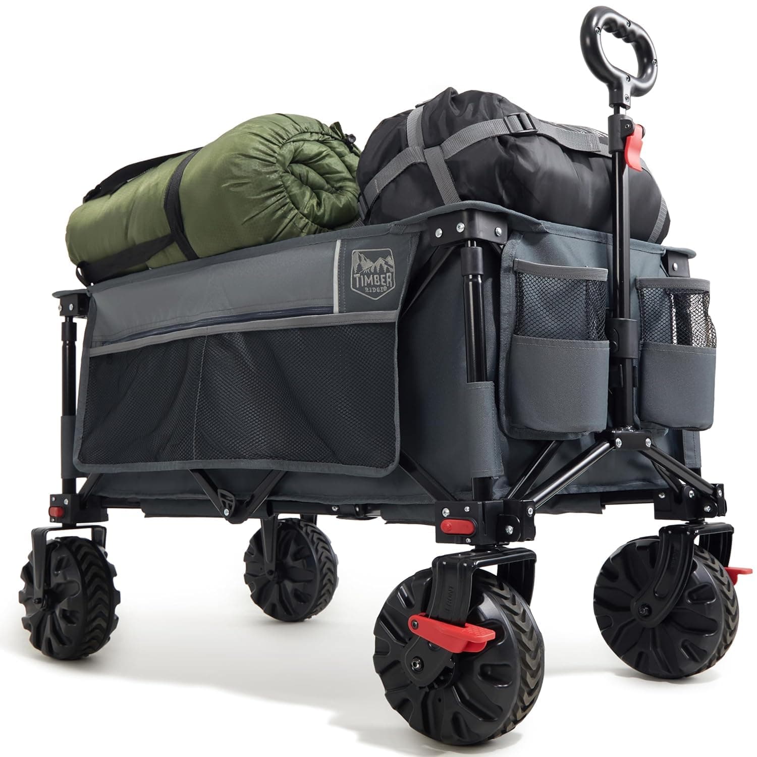 TIMBER RIDGE XXL Chariot de Transport Pliable avec Frein Chariot Plage à roulettes Tout Terrain Roues Amovibles Poignée Réglable Poche Latérale pour Jardin Plage Camping Pique-Nique BBQ Match