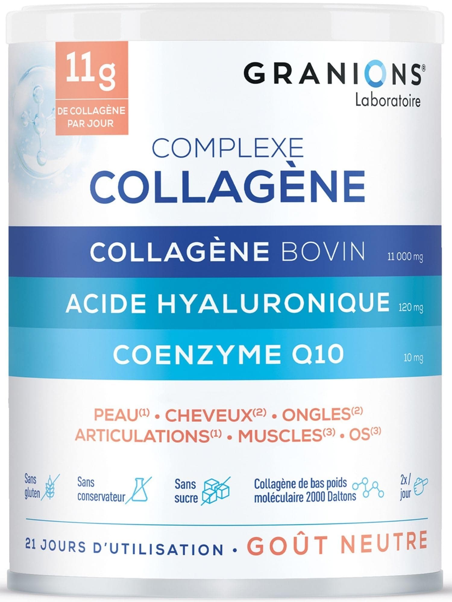 Granions - Collagene - Acide Hyaluronique - Coenzyme Q10-242g - Neutre | Complexe Collagene N°1 En Pharmacies, Enrichi Vitamine C Et Selenium, Poudre Gout Neutre - Programme 21 Jours, Made In France