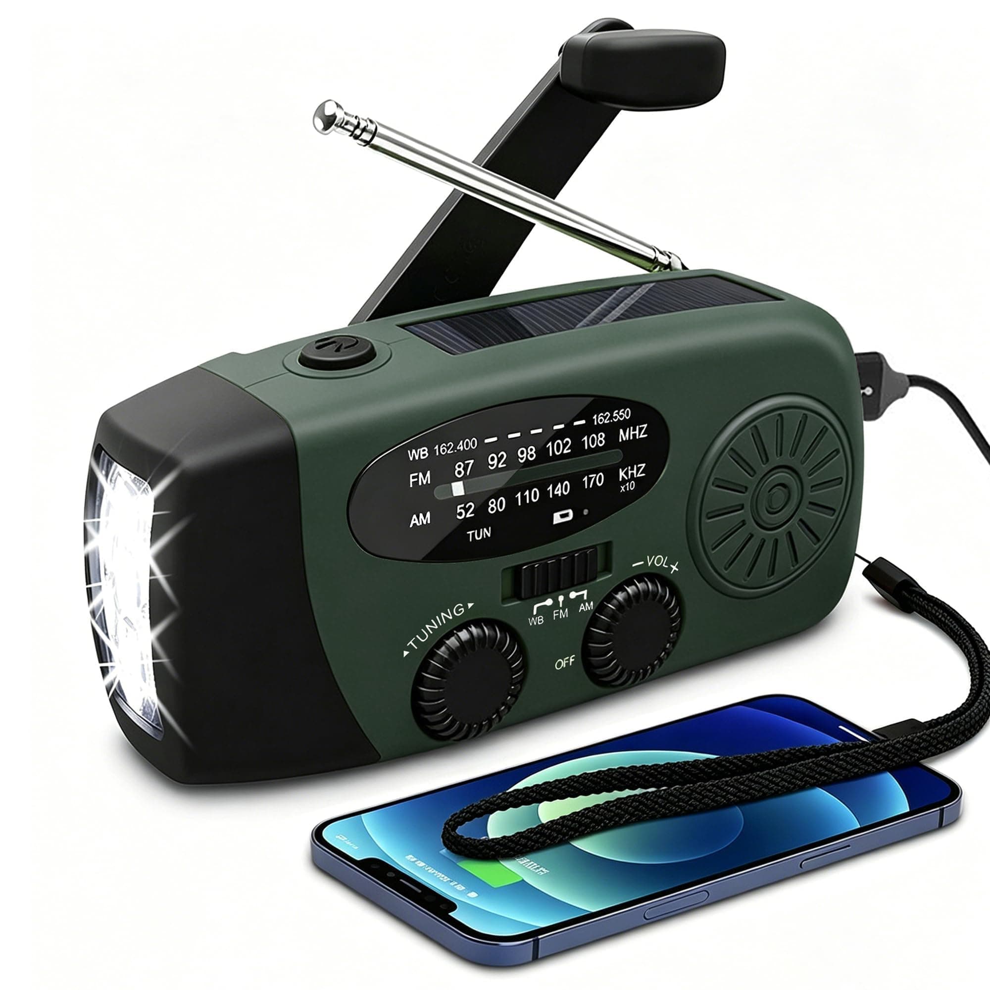 Radio Solar de Emergencia con Manivela Portátil, FM/AM 2000mAh 3 Modos de Luz LED Linterna, Carga Solar USB-C y Manivela, Resistente al Agua Ideal para Camping Viajes Supervivencia y Cortes de Energía