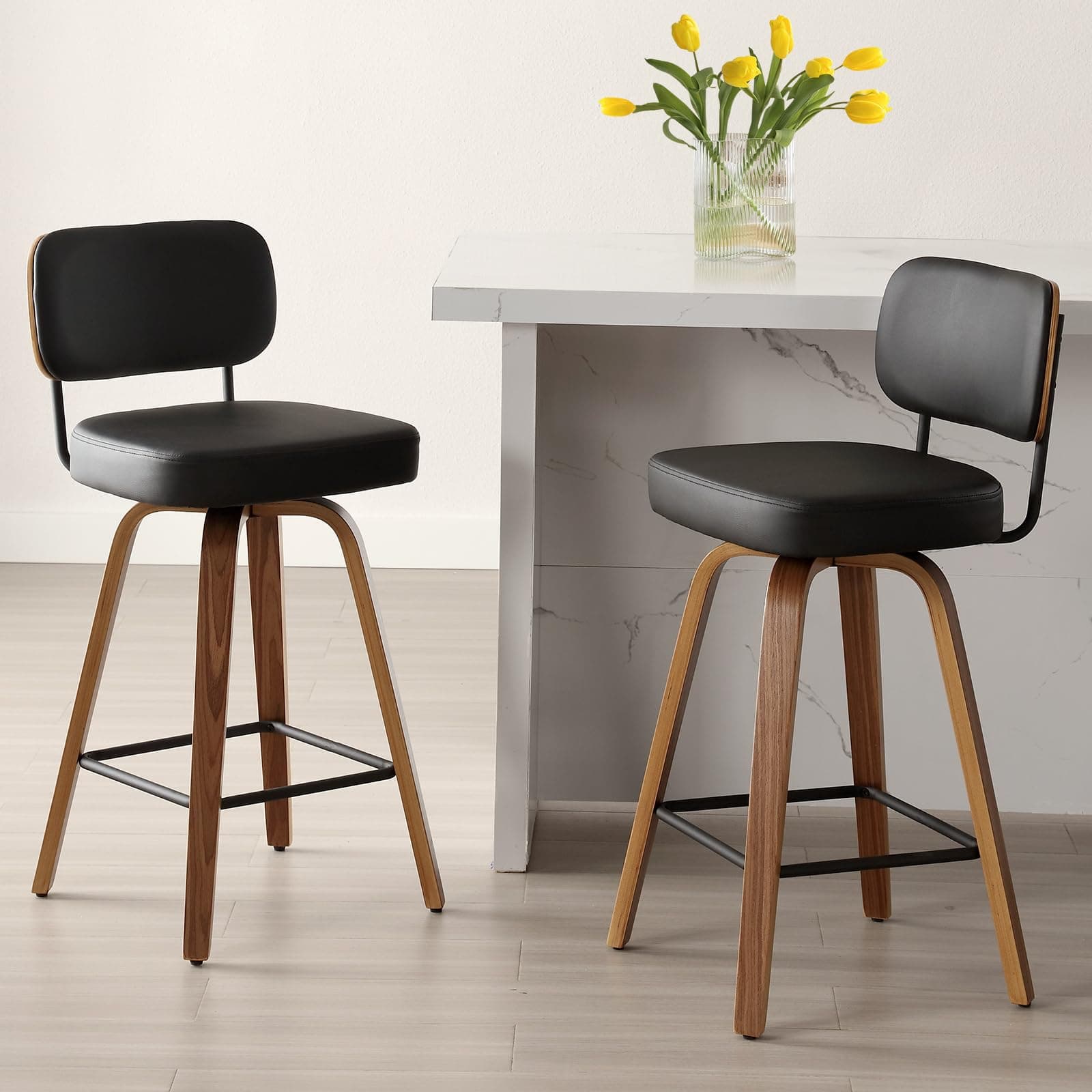 Bekrvio Silla de bar giratoria con respaldo, 65 cm de altura, piel sintética y madera maciza, 4 patas