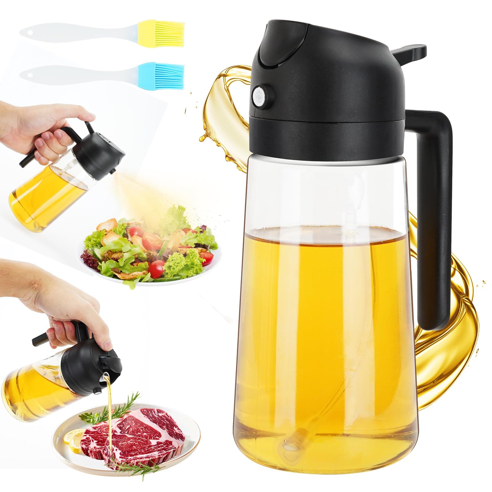 Behiruch Spray Aceite Cocina Freidora Aire 2 en 1, Aceitera Vaporizadora Antigoteo para Cocinar 470 ml, Rociador para Freidora de Aire, Difusor Aceite Cocina para Cocinar (negro)