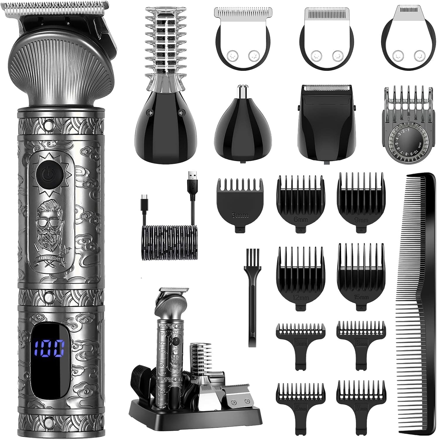 Surker Tondeuse Barbe Homme Tondeuse Cheveux Professionnelle Avec Lame en T de Coupe de Cheveux Chauve 0 mm Rasoir électrique Tondeuse Corps de Précision pour Nez 7 en 1,Gris