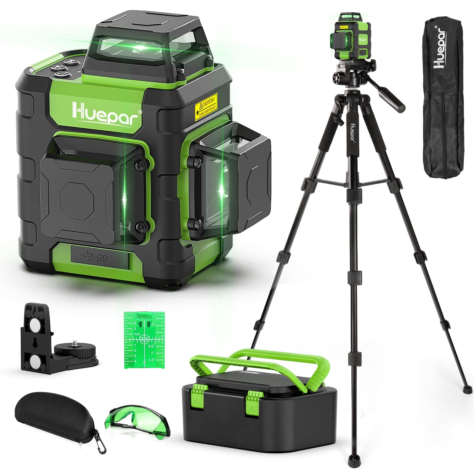 Huepar Niveau Laser Vert 3×360°avec 127m Trépied, Auto-nivelant avec Batterie Li-ion Rechargeable, 30-60m Laser à Lignes Croisées avec Mode Impulsion, Base Magnétique – pour Chantier & Bricolage