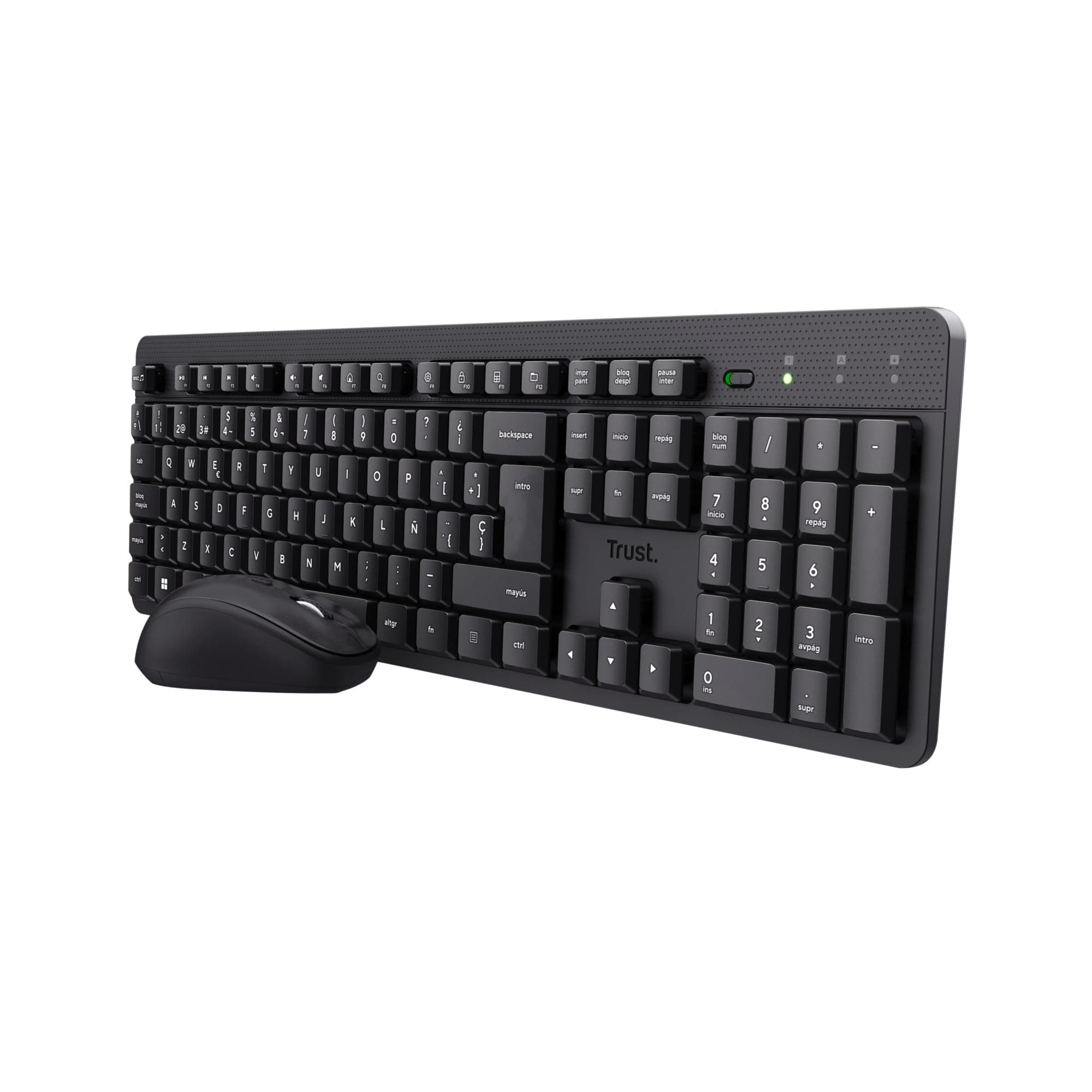 Trust Ymo II Pack Teclado y Ratón Inalámbrico QWERTY Español, Botones Silenciosos, Teclas de Perfil Bajo, Resistente a los Vertidos, Un Receptor USB, Windows, Mac, PC, Ordenador Portátil - Negro