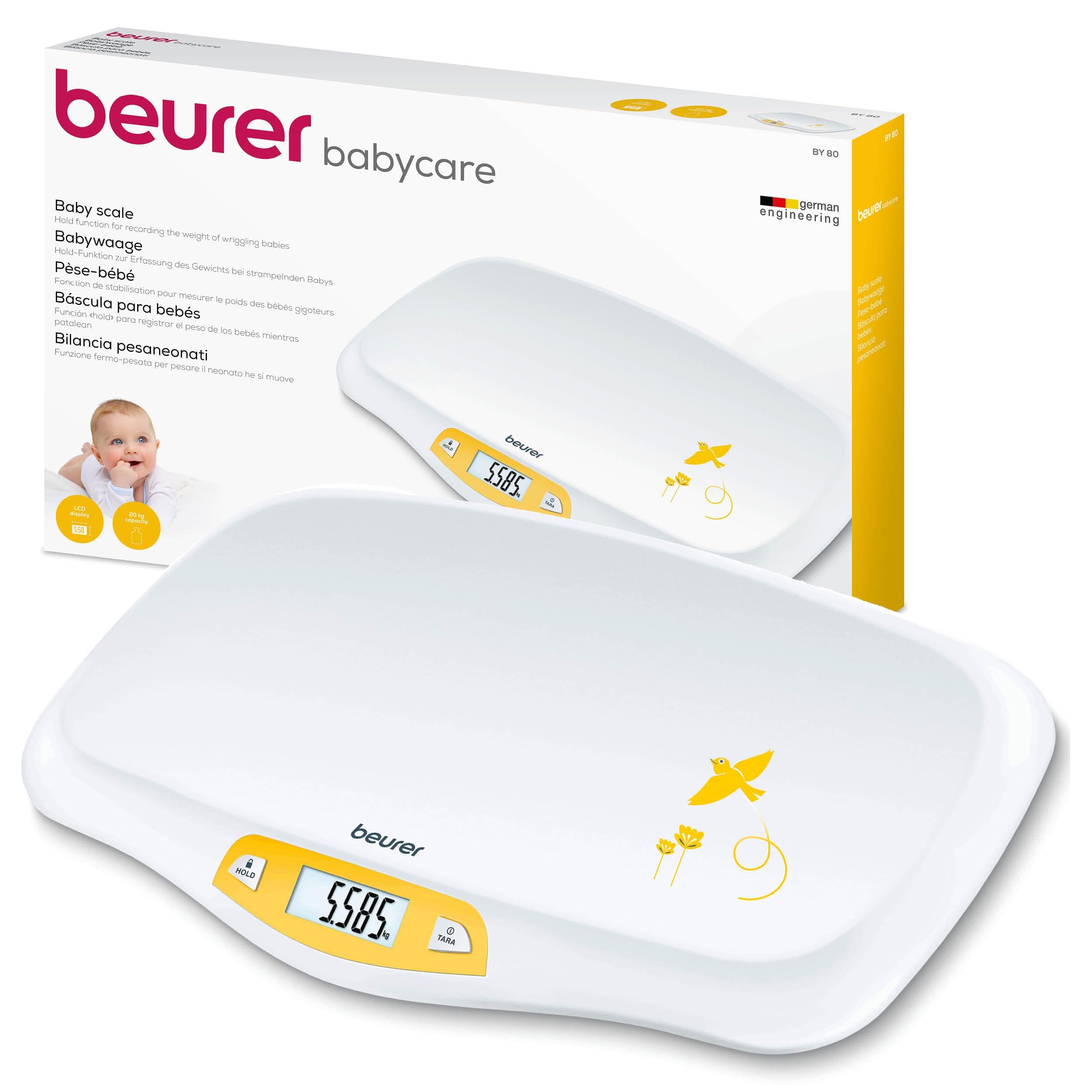 Beurer BY 80 Pèse-bébé avec surface incurvée, capacité de 20 kg, fonction de tare et de maintien pour les bébés qui donnent des coups de pieds, mesure et affichage par graduation de 5g