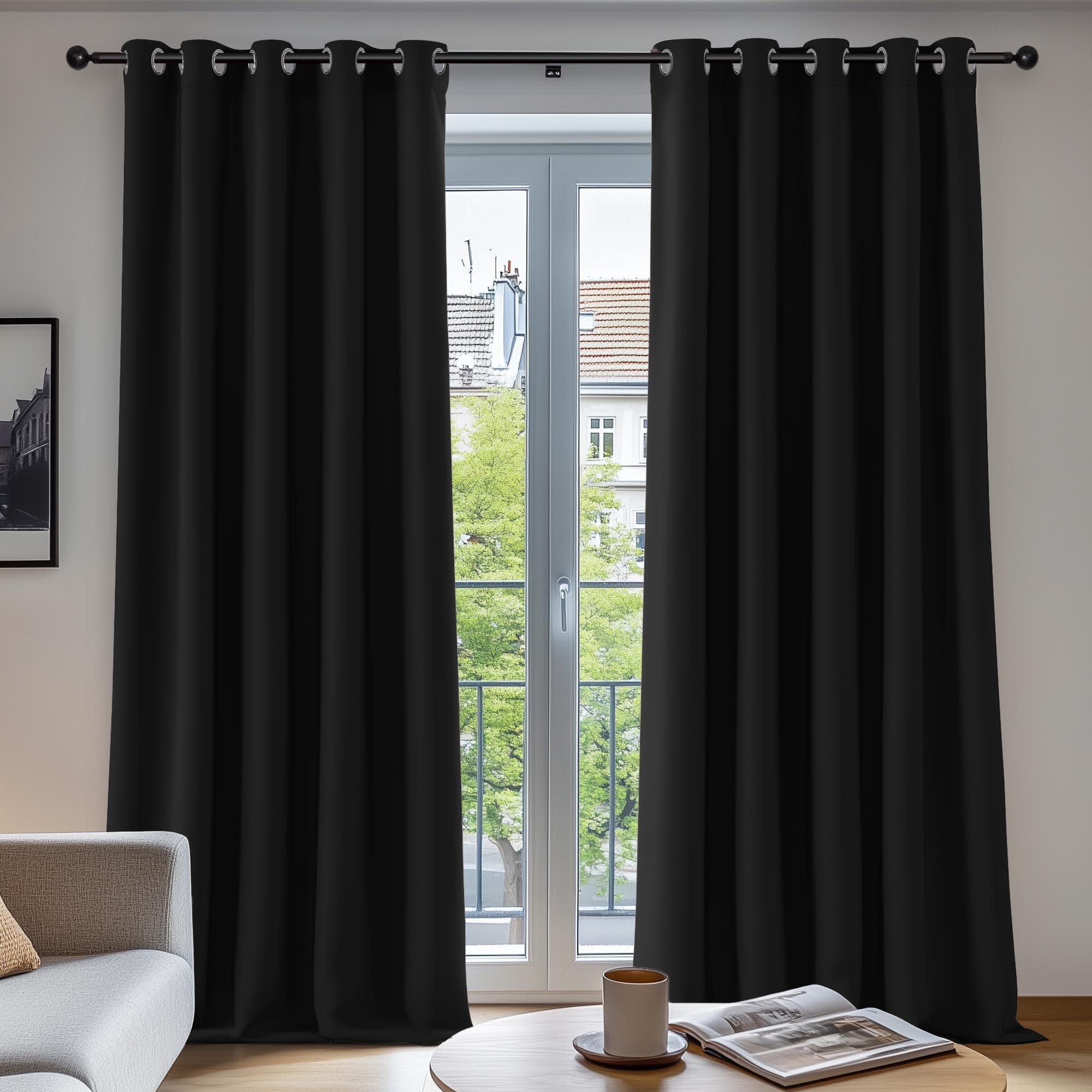 Deconovo Rideau Occultant Thermiques Anti Froid, Double Rideau Isolant Anti-Bruit, Économie d'Énergie, Idéal pour Chambre et Salon, 168X229 CM (Largeur X Hauteur), Noir, 2 Pièces