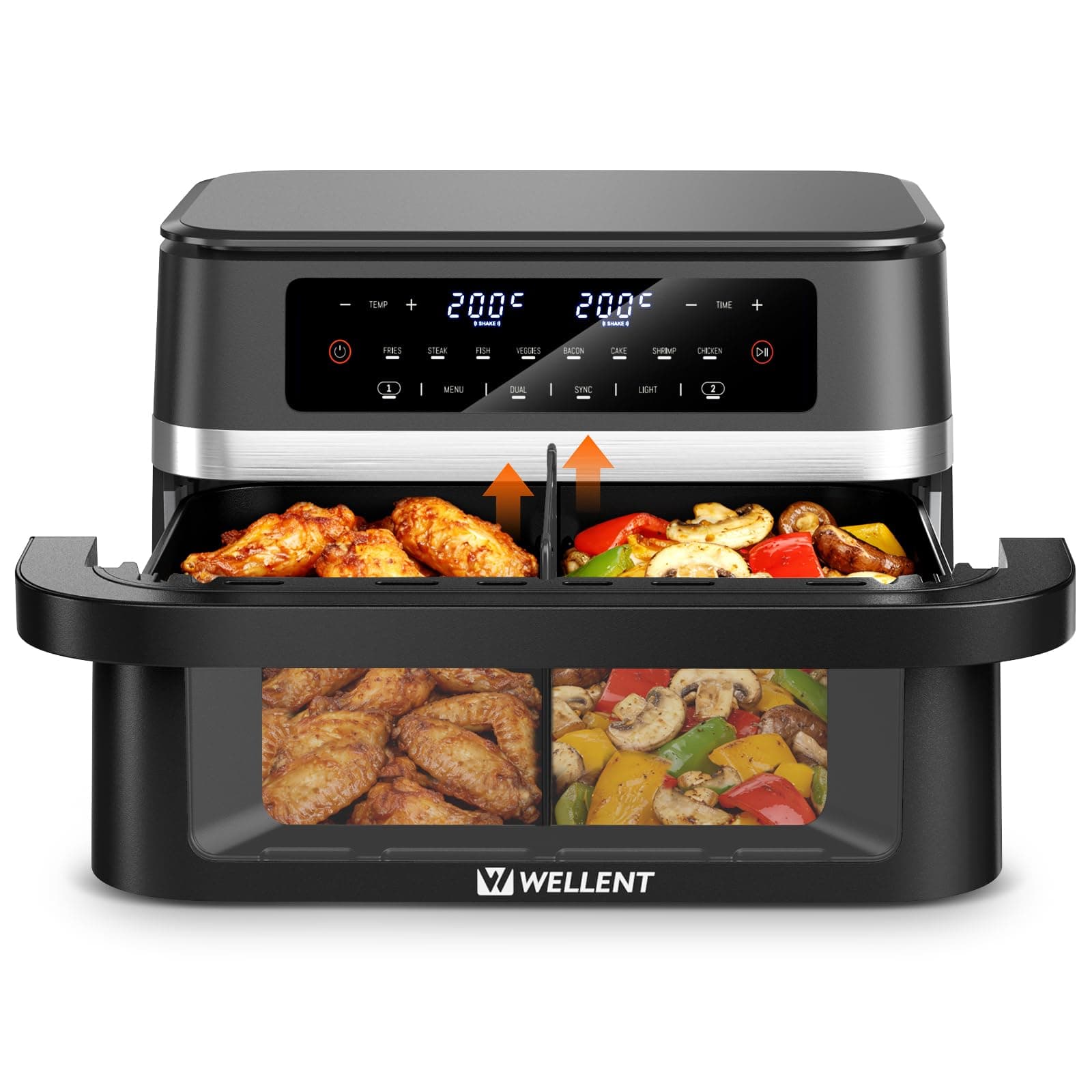 WELLENT Freidora Aire 12L 2950W Doble Zona con Divisor Extraíble, 8 en 1 Air Fryer con Función de Sincronización & Recordatorio de Agitación & Ventana de Visualización