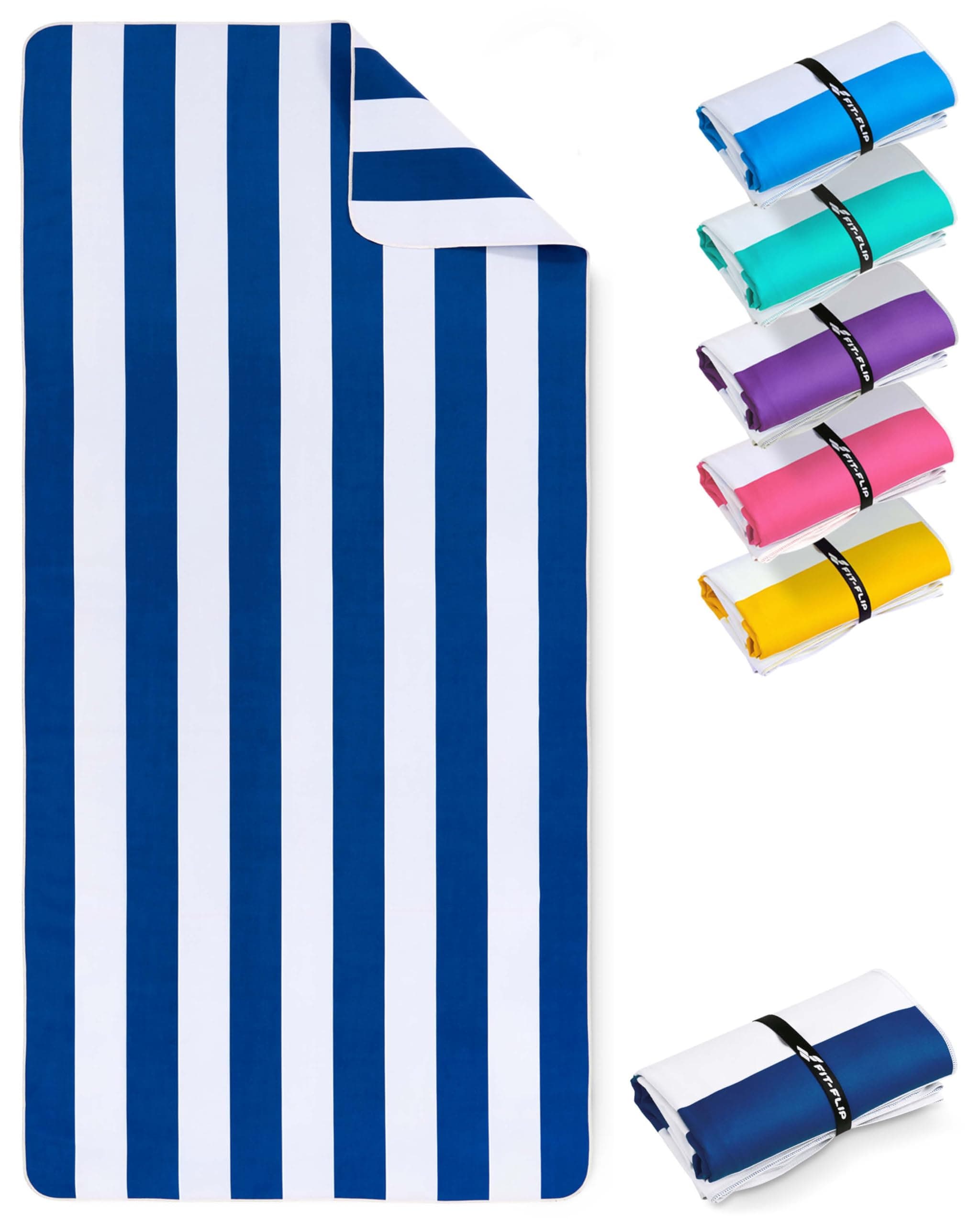 Fit-Flip Serviette de Plage Microfibre Grande - Fine et légère - à séchage Rapide – Drap de Piscine XXL - Serviettes Anti-Sable 100% recyclée – rayé Bleu Marine-Blanc – 200cm x 90cm