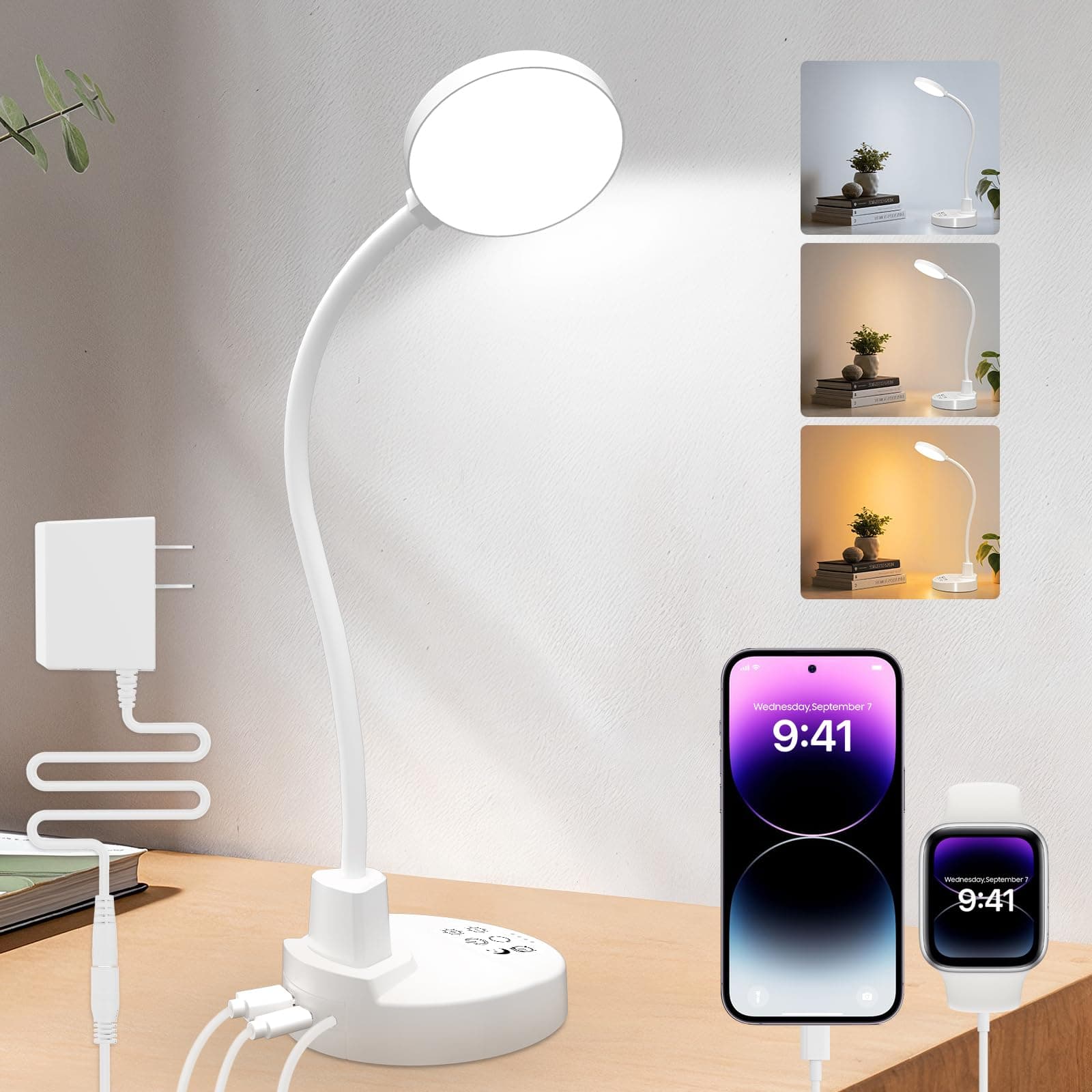 ZAPLIT Lámpara de escritorio LED de 15W con USB-A y USB-C – Regulable, 3 temperaturas de color, 5 niveles de brillo, 4 temporizadores, cuello de cisne flexible de 360°, protección de los ojos