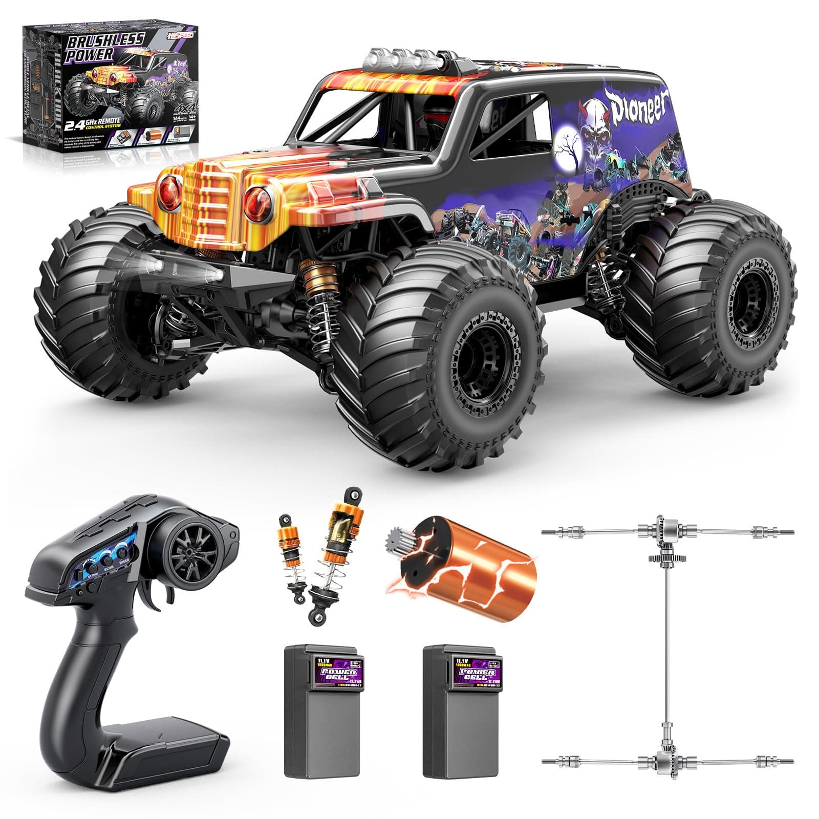 Coche Teledirigido Brushless 1:14 Adulto, RC Car 4WD Off-Road 70 km/h | Amortiguadores de Aceite, 2 Baterías 3S 11.1V LiPo 1200mAh,Todo Terreno,6 LED, Coche Radiocontrol de Alta Velocidad
