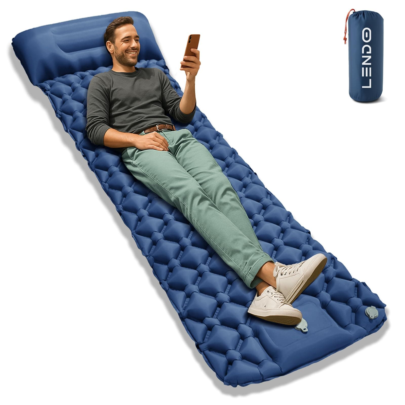 LENDOO Colchón de Camping Ultraligero Inflable, Colchón Autoinflable para Camping con Almohada, Esterilla Camping con Bomba de Pie Esterilla Hinchable Ultraligero para Exteriores, Senderismo