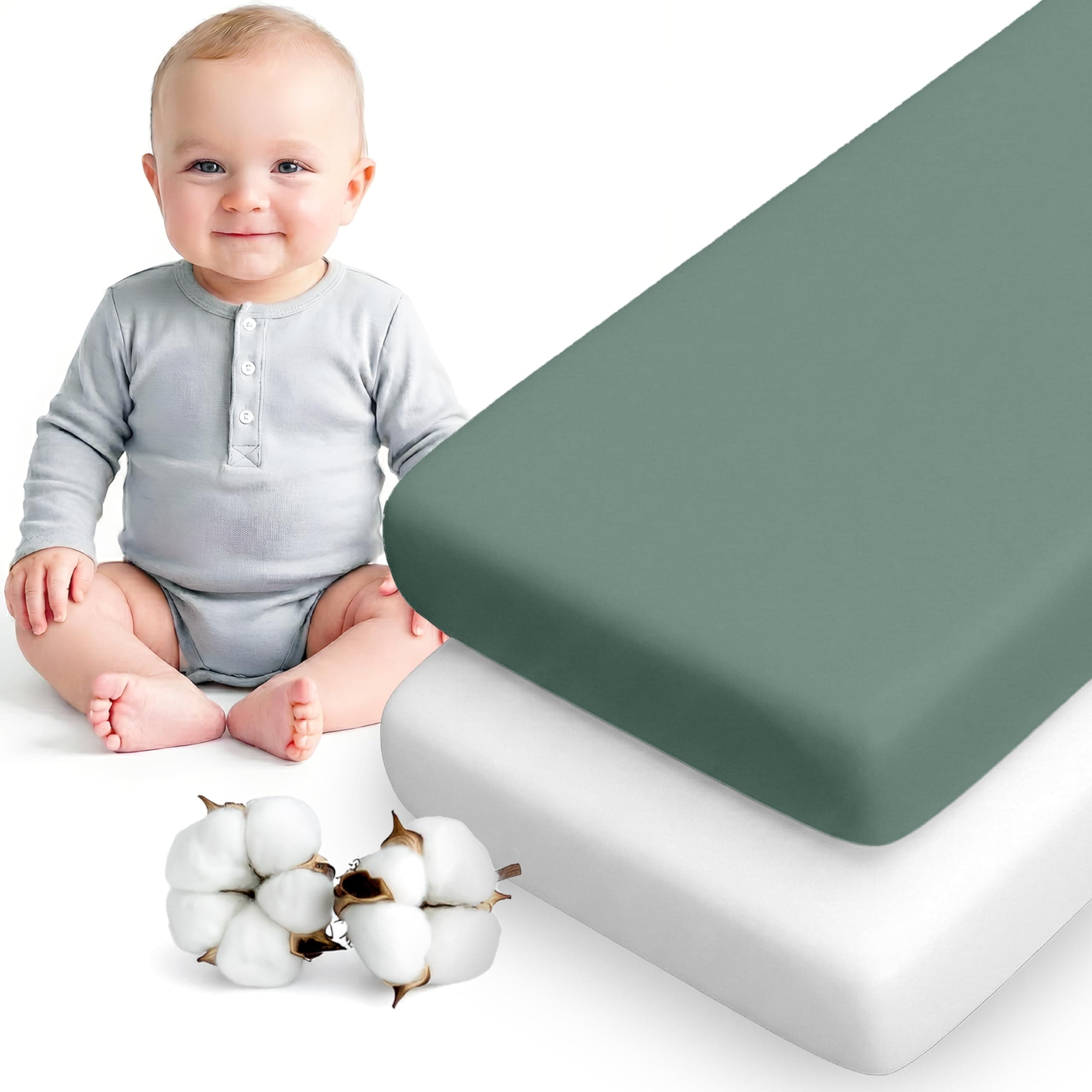 Dreamzie Juego de 2 Sabana Bajera Cuna 50x83 Algodon - Ajustables, Oeko Tex Certificado - para Carrito Bebe, Capazao y Cuna Pequena - Verde Salvia/Blanco