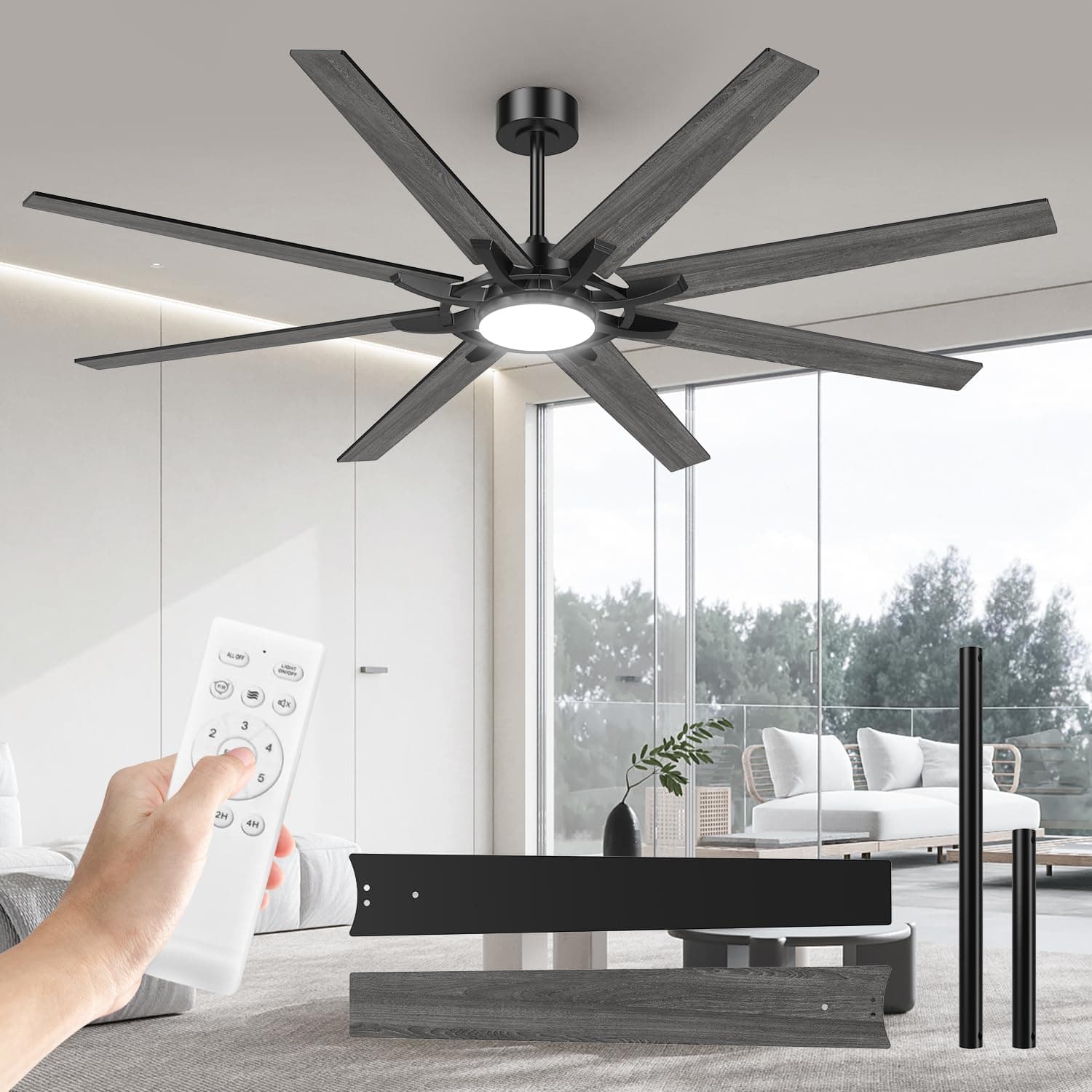 Airwit 183cm Ventilador de Techo con Luz Extra Grande, Lámpara Ventilador de Techo con Mando, Aspas Reversibles, Silencioso, Diseño Industrial para Salón Grande, Dormitorio y Terraza Cubierta