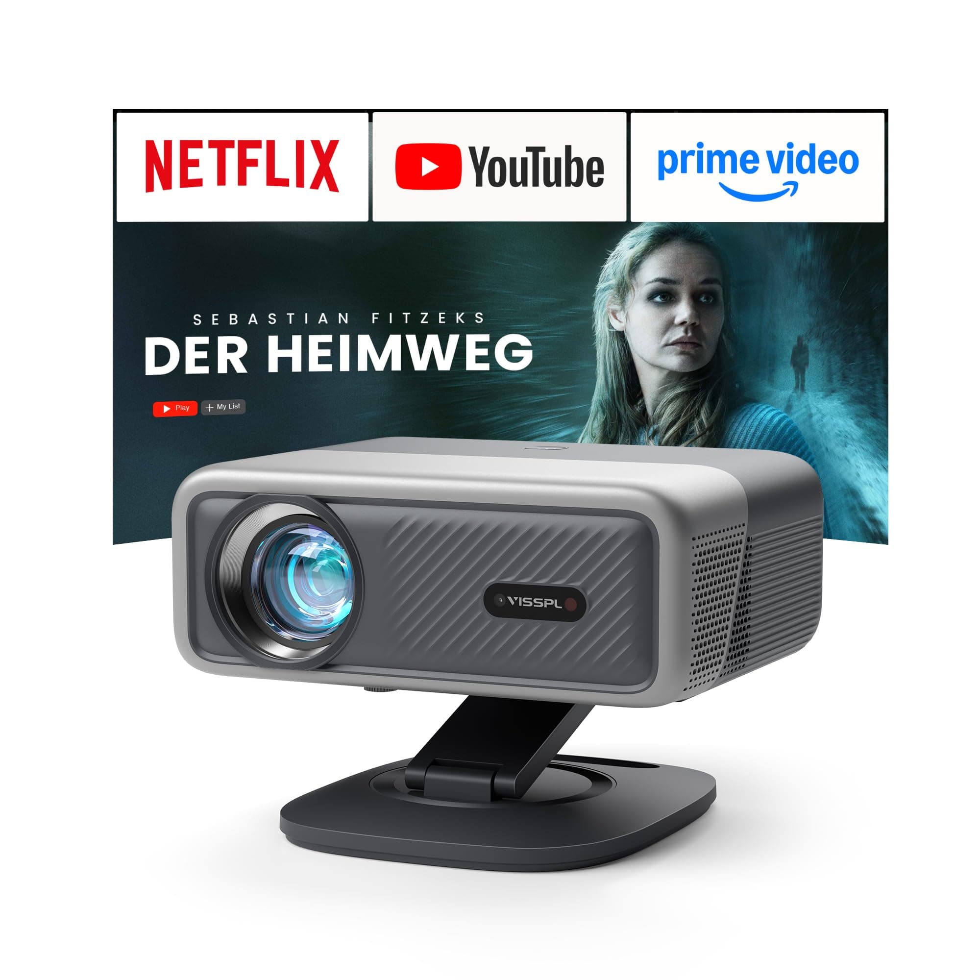 Smart Beamer 4K【Netflix-Fähig & Dolby Audio】VISSPL 4000 ANSI Video Projektor,Autofokus&Trapezkorrektur,1080P Full HD WiFi6 Bluetooth Heimkino/Outdoor Beamer mit 360°-Halter für Handy【Upgrade Version 】