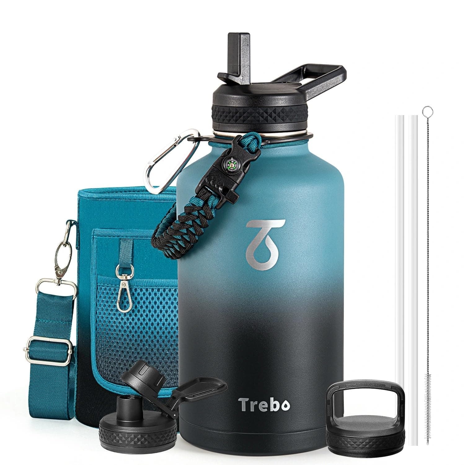 Trebo Borraccia Termica, Borraccia con Cannuccia Borraccia acciaio inox fredda per 48 ore Borraccia Termica Bottiglia in Metallo con Manico in Paracord, 1893 ml, Indigo/Nero