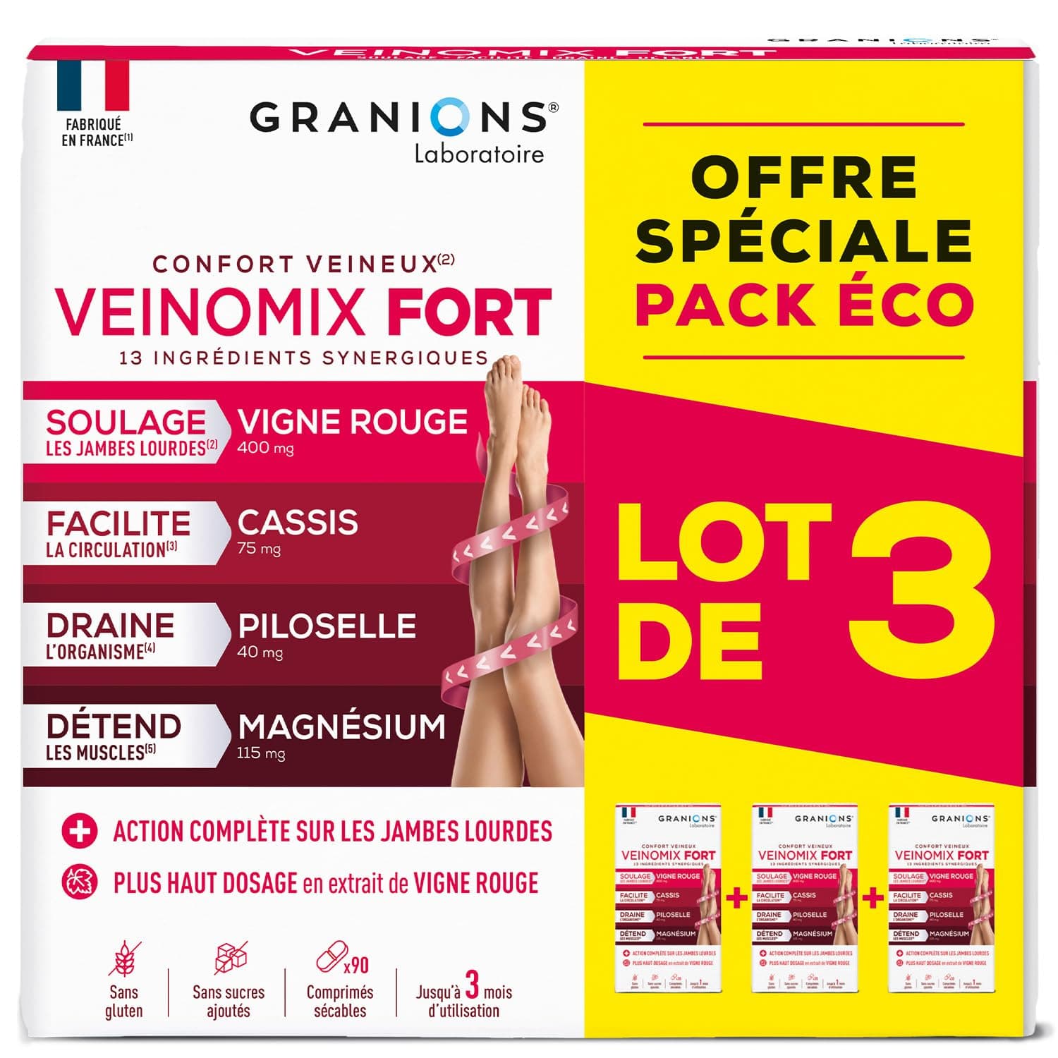 GRANIONS – VEINOMIX FORT – Circulation Sanguine Jambes & Retention D'eau Drainant Puissant – Vigne Rouge Circulation + Cassis + Piloselle + Magnésium – Jambes Lourdes – 90Comprimés – Cure 3Mois