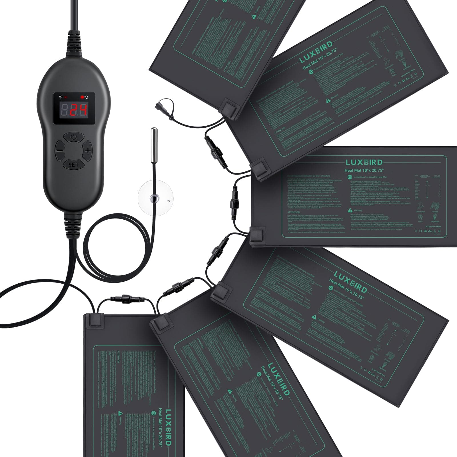 Luxbird Tapis Chauffant pour Plantes avec Thermostat, 6 Tapis Chauffants avec 1 contrôleur, 30W, Étanche IP67, 52 x 25 cm Chaleur Uniforme pour Germination, Culture Intérieure, Terrarium