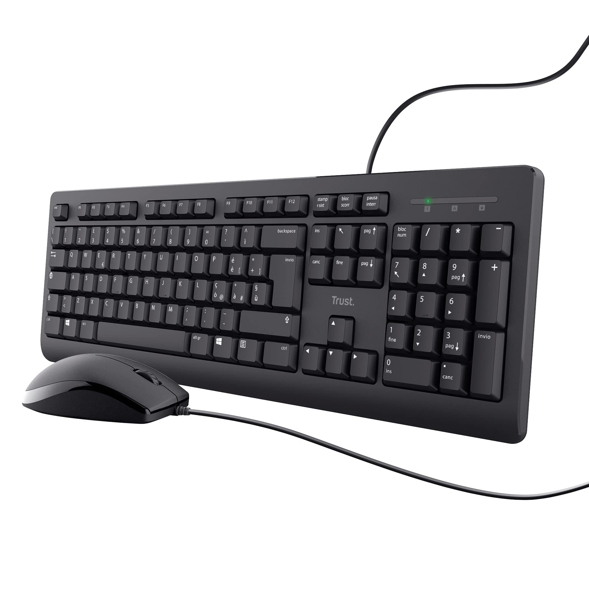 Trust Taro Set Tastiera E Mouse Cablati USB, Layout Italiano QWERTY, Per PC/Laptop/Notebook Mac/Windows, Cavo Di 1.8 Metri, Tastiera Resistente Ai Liquidi, Ergonomico, Nero