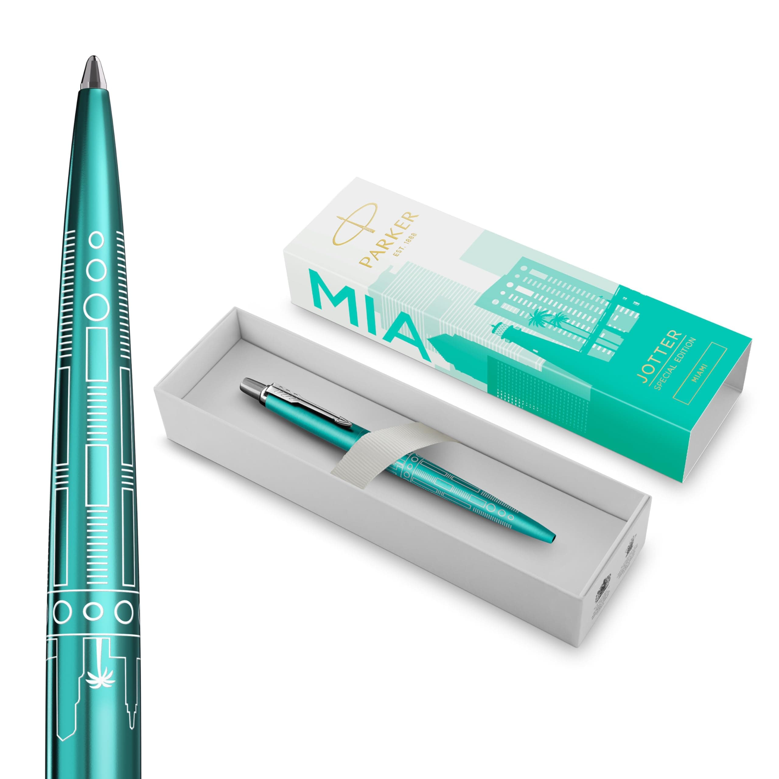 Parker Jotter Penna a sfera | Edizione speciale | Miami Turquoise con puntale cromato | Punta media | Inchiostro blu | Confezione regalo