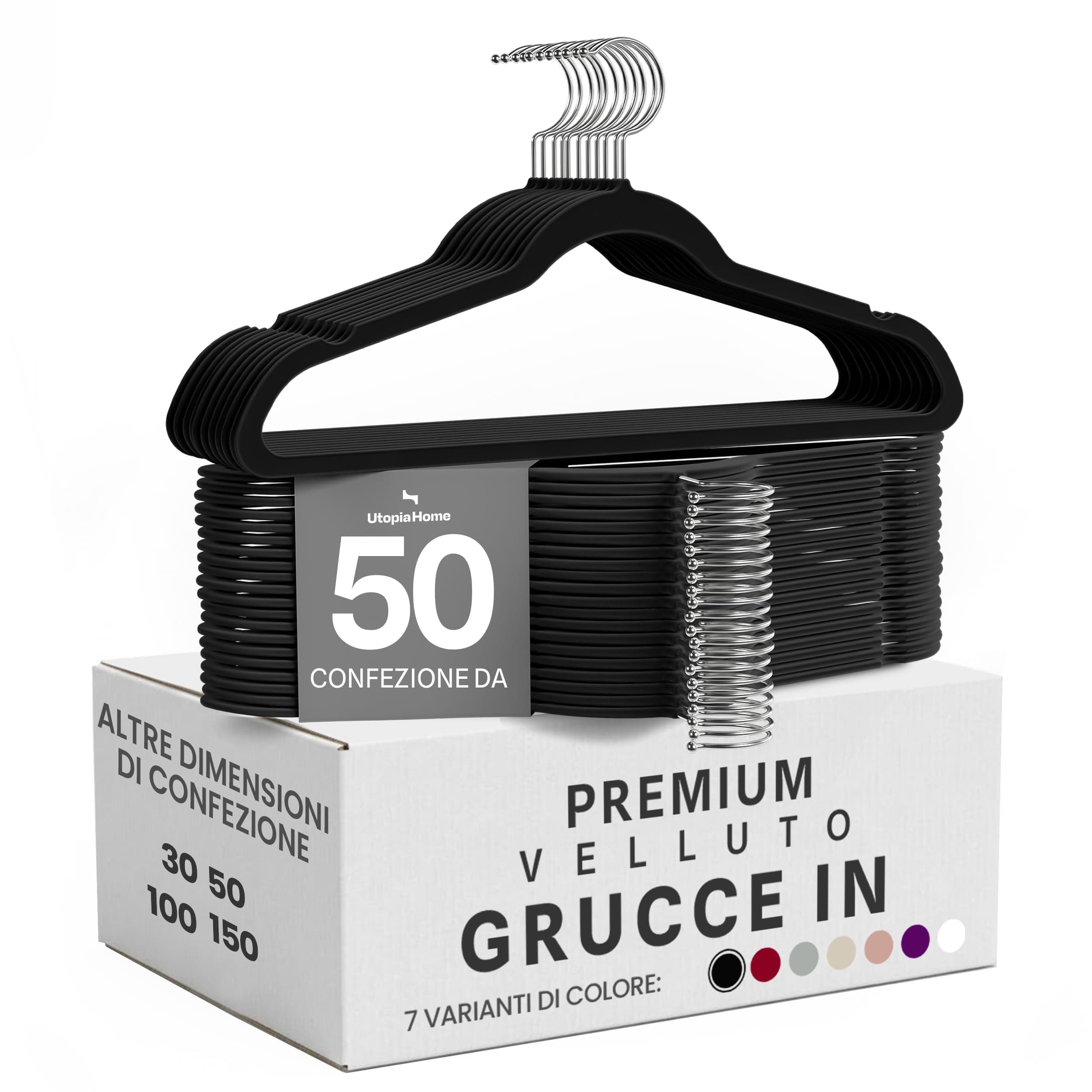 Utopia Home Premium Grucce Velluto (Nero, Confezione da 50) | Appendiabiti antiscivolo | Design elegante | Resistenti | Adatti per abbigliamento da adulto, cappotti e completi