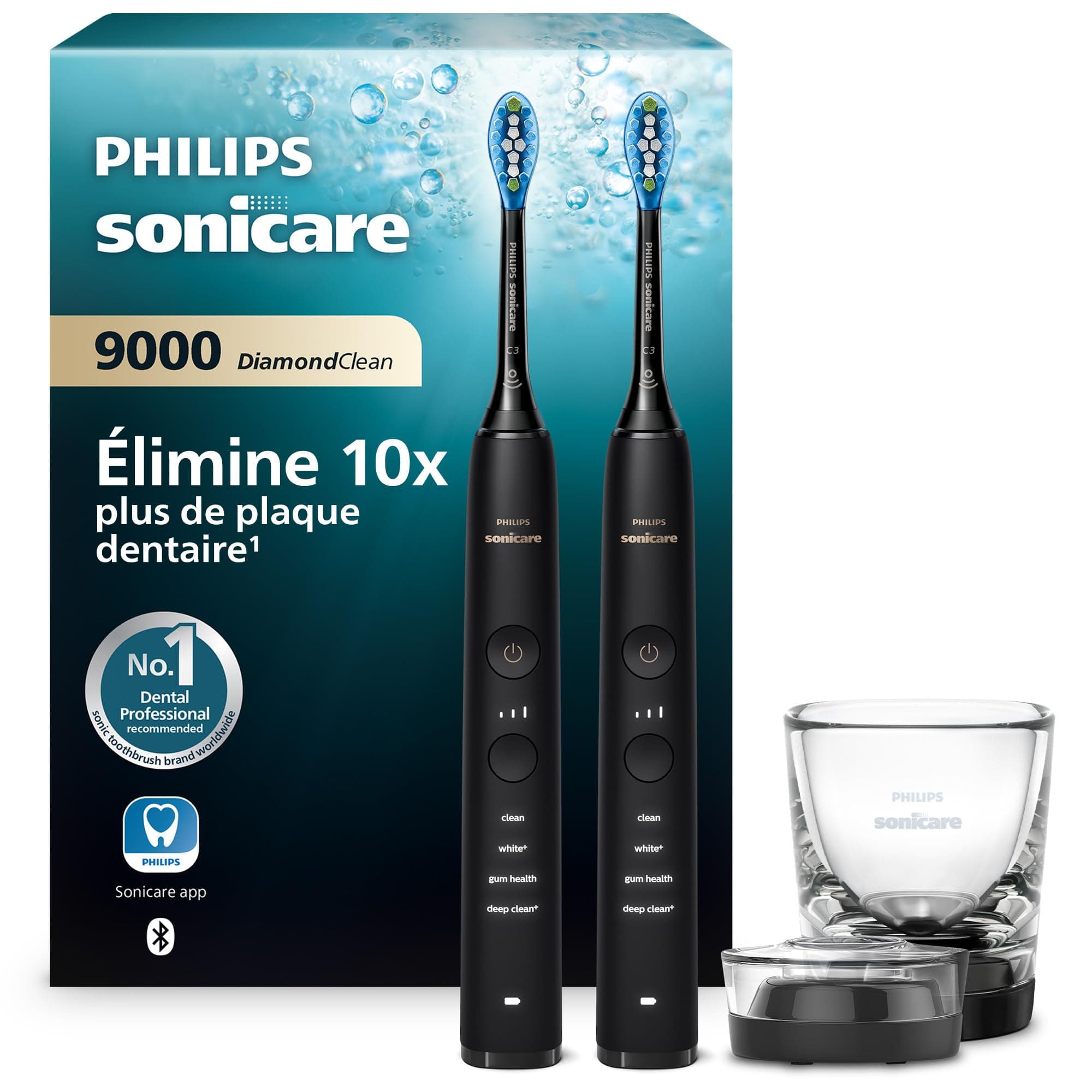 Philips Sonicare DiamondClean 9000, Brosse à dents électrique sonique avec application, capteur de pression, 4 modes de brossage, 3 niveaux d'intensité, verre de charge, noir, pack de deux, HX9914/54