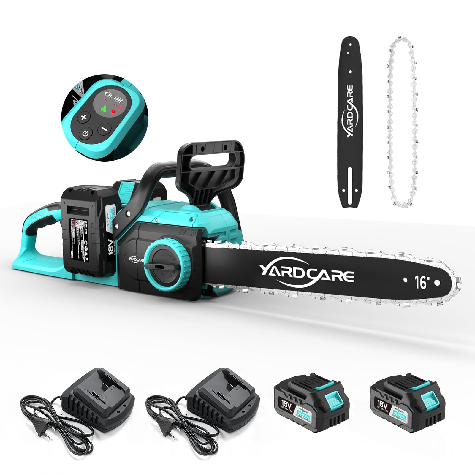 YARDCARE Tronçonneuse sans fil 16 pouces, moteur brushless 1600 W, vitesse de chaîne 21 m/s, avec écran LED et 2 batteries de 4 Ah, tension de chaîne sans outil et lubrification automatique