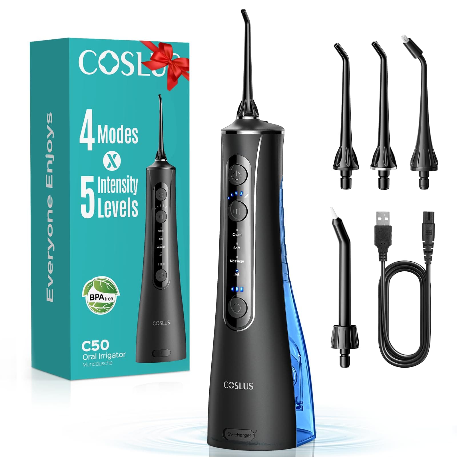 COSLUS Irrigador Dental Bucal Portatil: 4 Modos y 20 Presión - IPX7 Irrigador Bucal Inalámbrico para Salud Bucal Braces Encías Sensibles -Limpieza Dental de Viaje Hogar con 4 Boquillas -Negro Oscuro