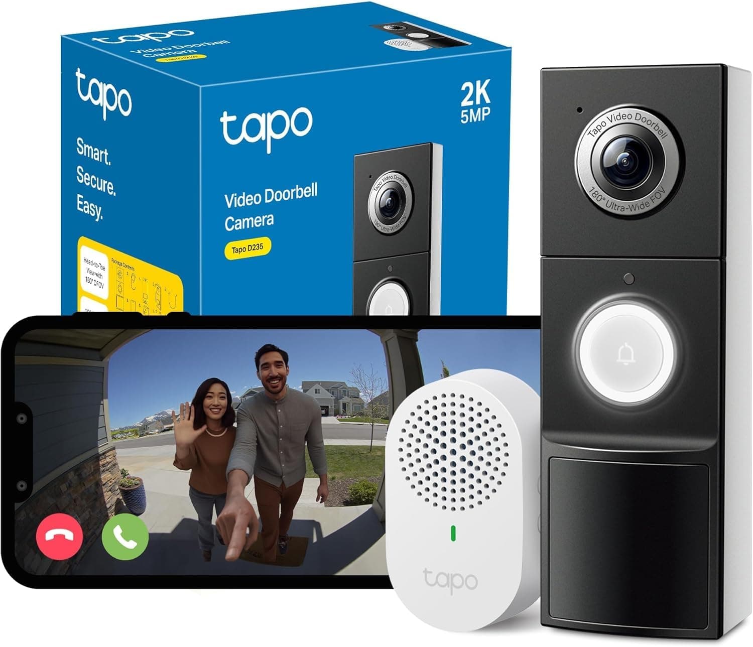 Tapo D235 - Timbre Inteligente con Cámara 2K 5MP, Visión Nocturna a Color, Audio Bidireccional, Detección Inteligente, Alimentación por Batería o Cable, Resistencia IP66 | IP66 con cable/batería 210j, visión ultra amplia de 180°, noche en color, detección humana IA gratuita sin cargo