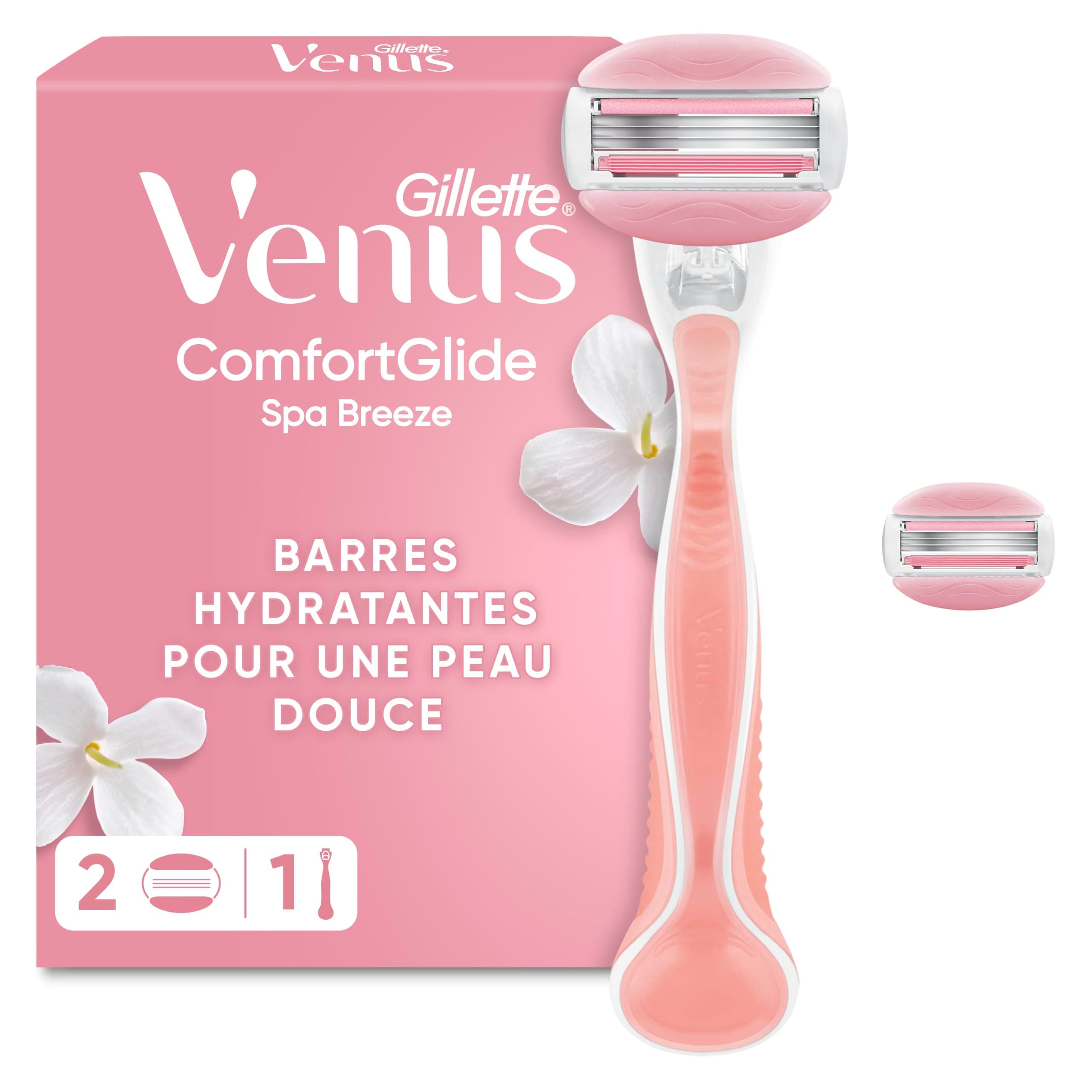 Gillette Venus Rasoir Femme ComfortGlide Spa Breeze, 2 Recharges, Rose – Manche Réutilisable, Cartouche à 3 Lames en Acier Inoxydable, Barres au Parfum de Thé Blanc, 2-en-1 Mousse et Rase