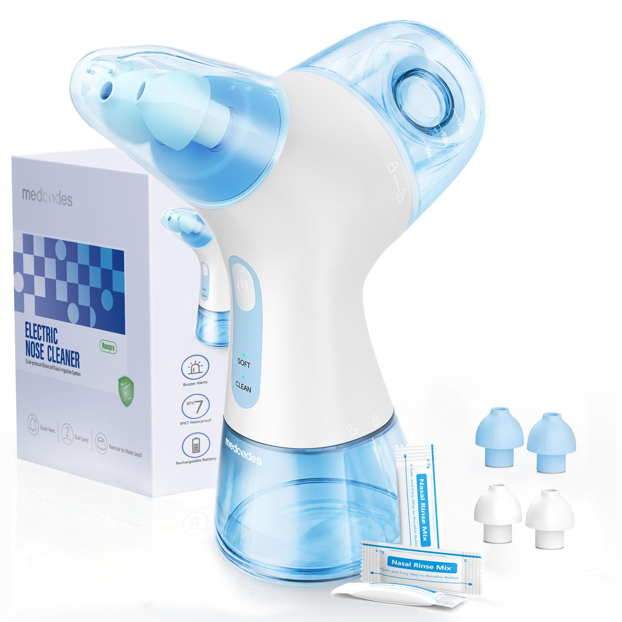 Medcodes Irrigatore nasale a doppia potenza ricaricabile | Design multi‑utente, 30 bustine saline, 2 cuscinetti nasali. Cura nasale, allevia disagio sinusale, compatto per casa