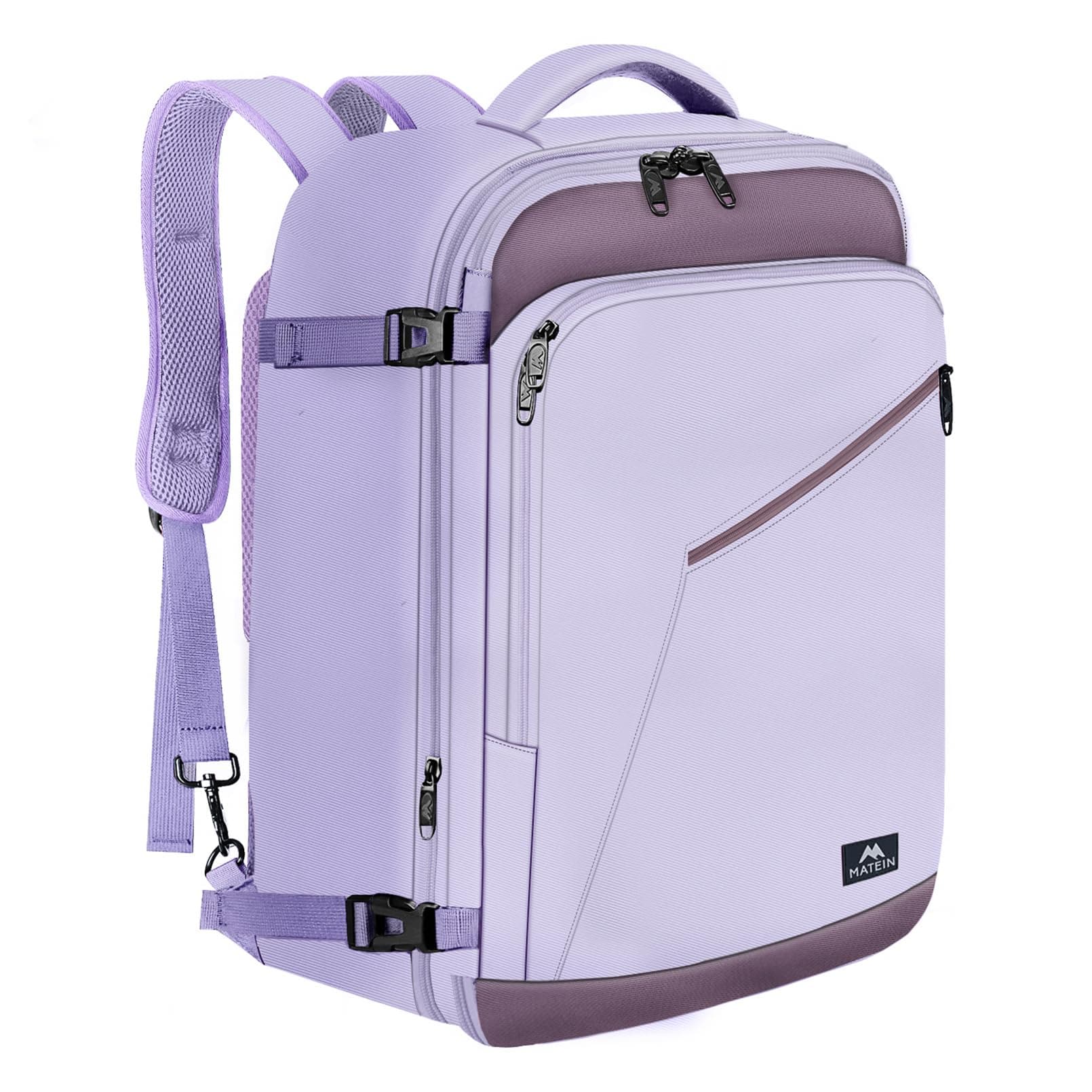 MATEIN Bagage Cabine 55x35x25, Air France Sac à Dos Voyage Cabine Avion 50L Extensible, Grand Sac de Voyage pour Femme, Sac Étudiante pour Scolaire Travail Loisir Rentrée, Violet Gris