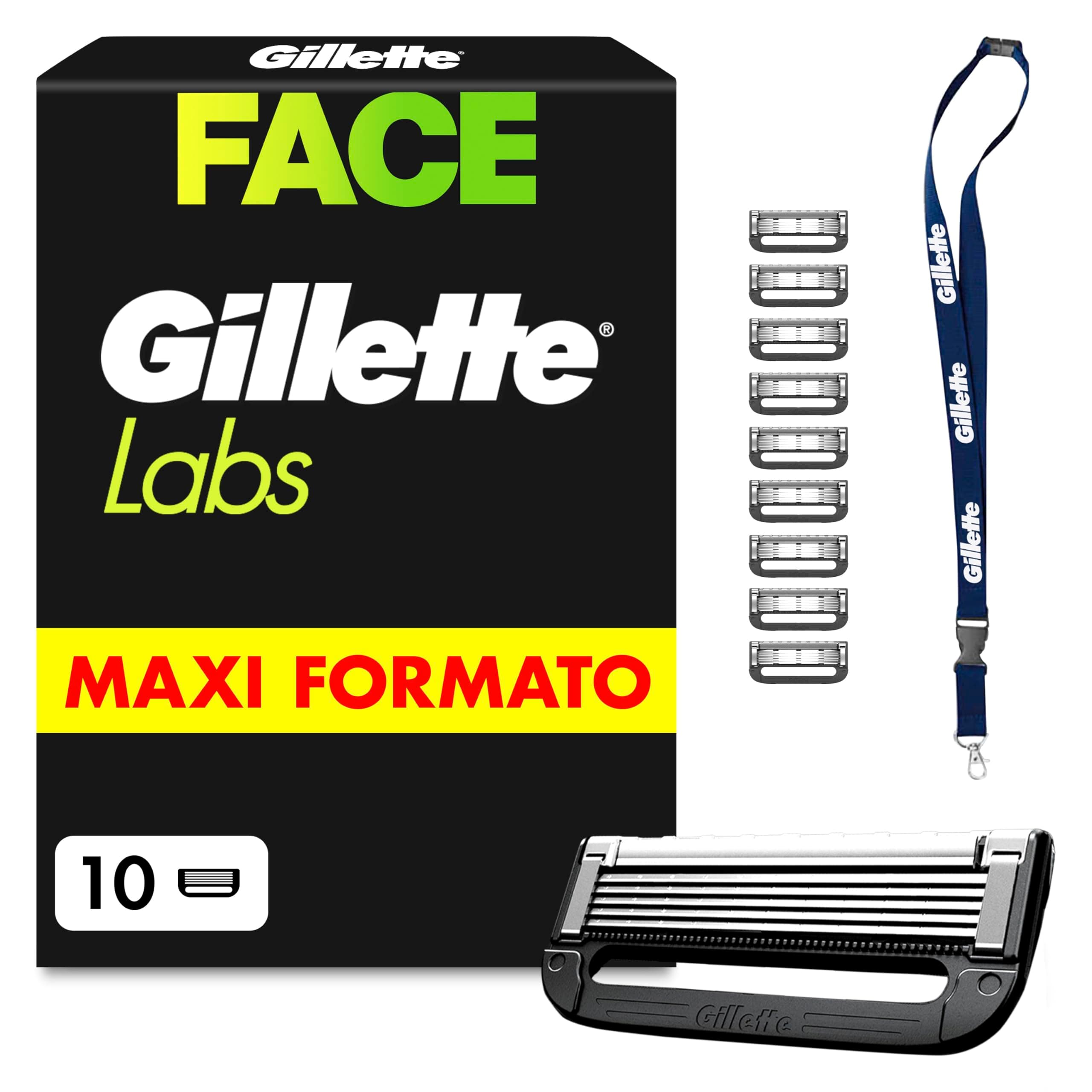 Gillette Labs Lamette, 10 Cartucce per Rasoio Barba Uomo, Multicolore | 10 Lamette di Ricambio per Rasoio Barba Manuale, a 5 Lame, con Barra Esfoliante, Rasatura Profonda e Duratura