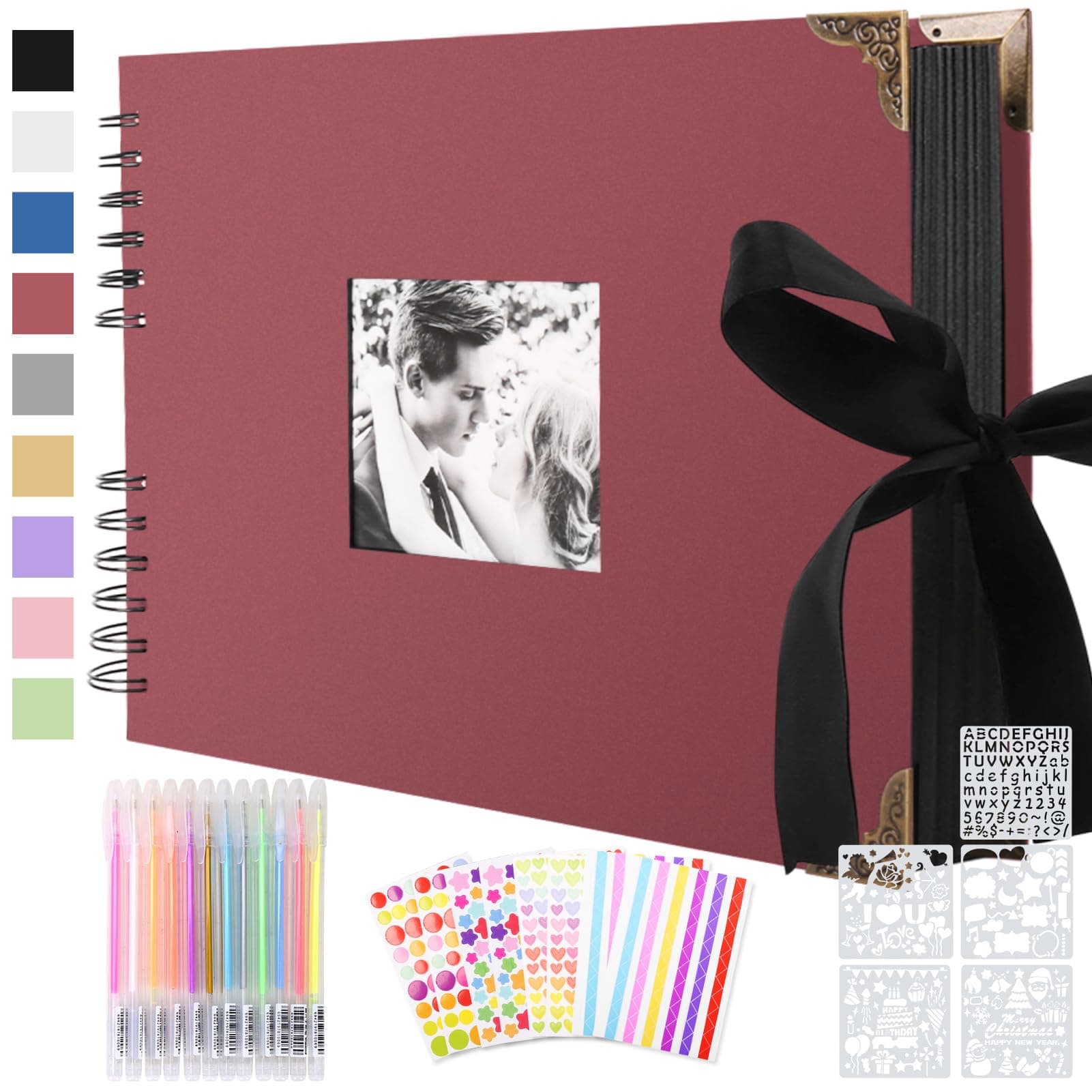 Splend Album de Fotos Scrapbook Espiral, 80 Páginas Negras DIY Scrapbooking Album Set con 2 Pcs Photo Corners, 6 Pegatinas, 5 Plantillas, 12 Rotuladores de Colores, para Boda, Aniversario, Cumpleaños
