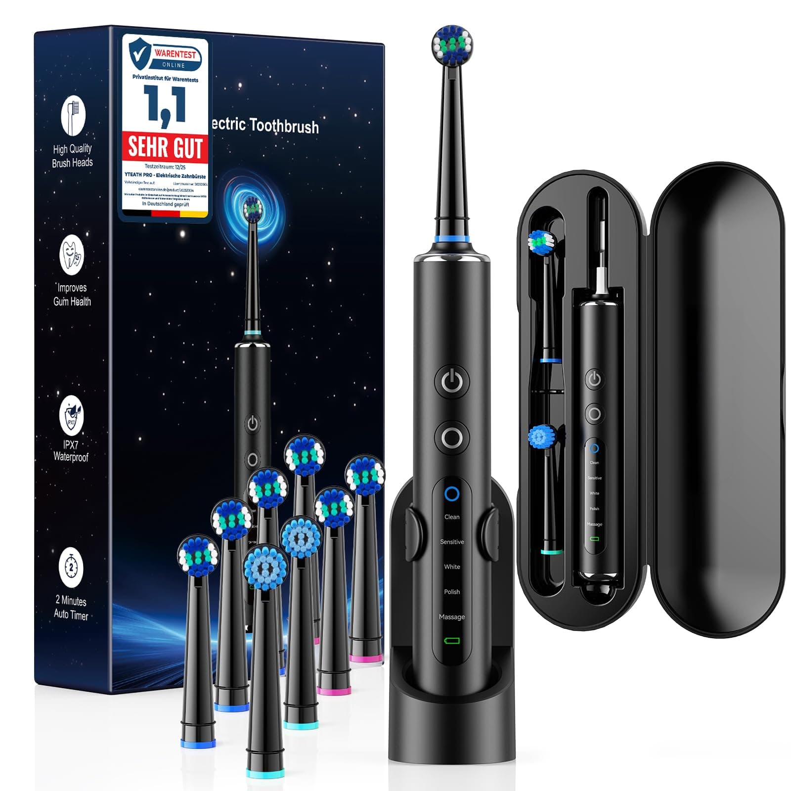 Spazzolino Elettrico Rotante con Testina Tonda per Adulti e Bambini, 50.000 Movimenti/Min, 3 Intensità e 5 Modalità, 8 Testine, Batteria 120 Giorni, Custodia da Viaggio, IPX7, Electric Toothbrush