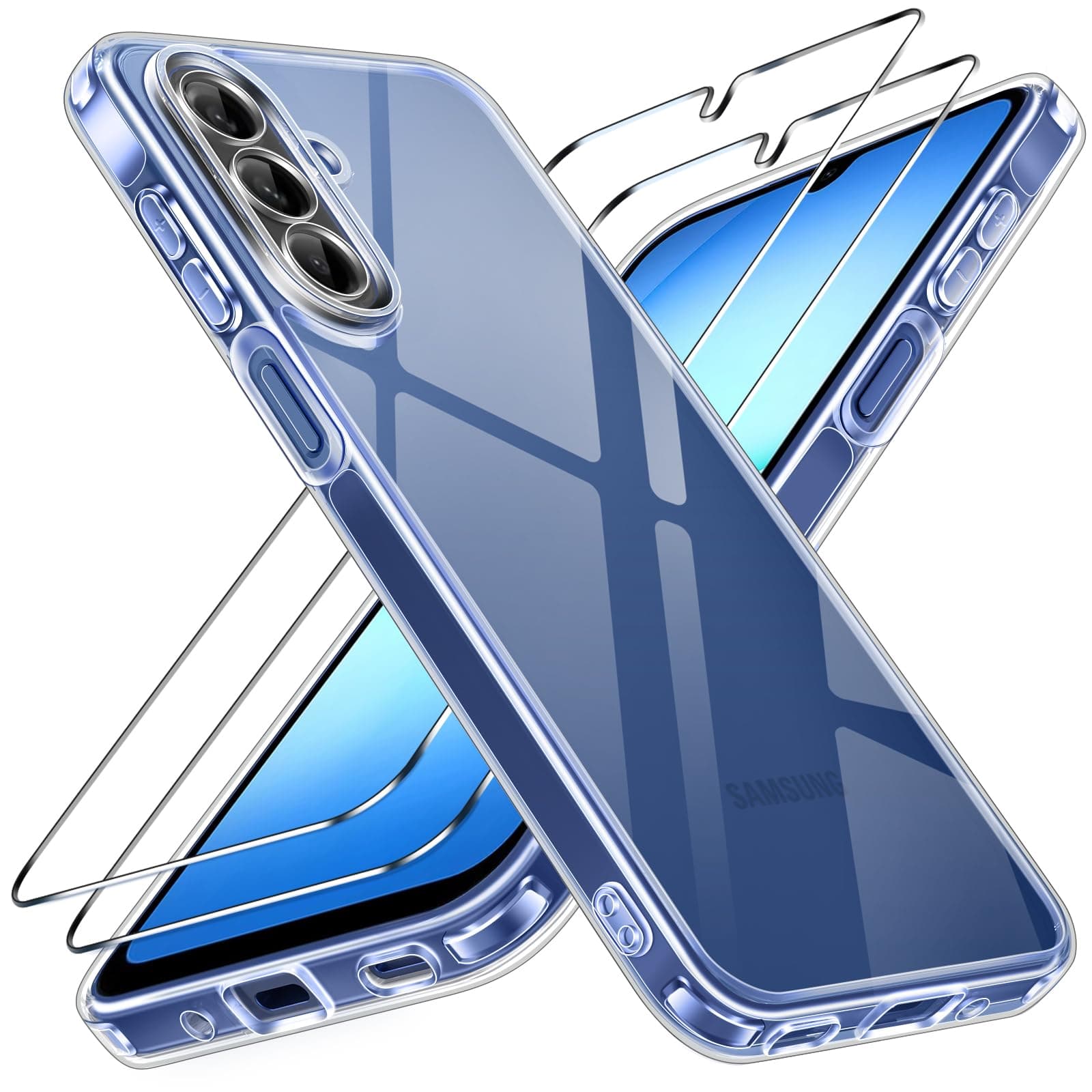 ivoler Coque HD Clair Anti-Jaunissement pour Samsung Galaxy A17 4G / 5G avec 2 Pièces Verre Trempé, Militare Étui de Protection Transparente Antichoc, Mince Dur PC Dos Anti-Rayures Bumper Housse