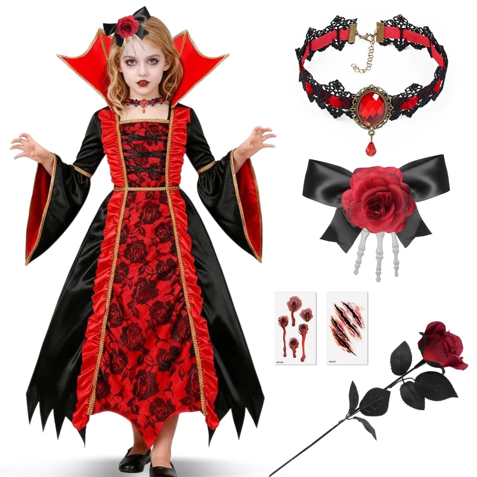 Haozozo Disfraz de vampiro real para niñas, disfraz gótico de vampiro para niñas con un vestido de vampiro de estilo vintage, accesorio para el cabello, 3 calcomanías de Halloween y decoraciones de