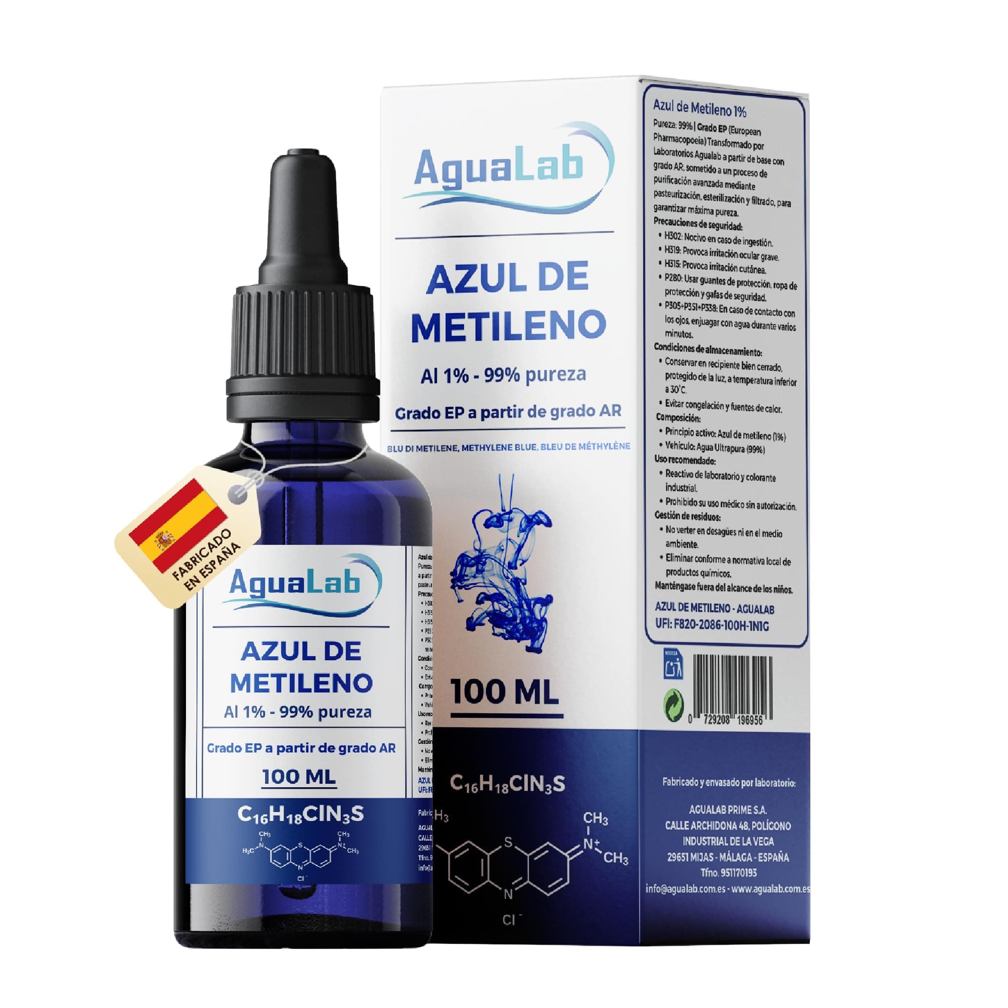 Solución de Azul de Metileno 1% EP-USP 99% – 100 – Grado calidad Farmacéutica – Vidrio Azul Protector UV con Gotero – Pureza Analizada Sin Metales Pesados. (100 ml)