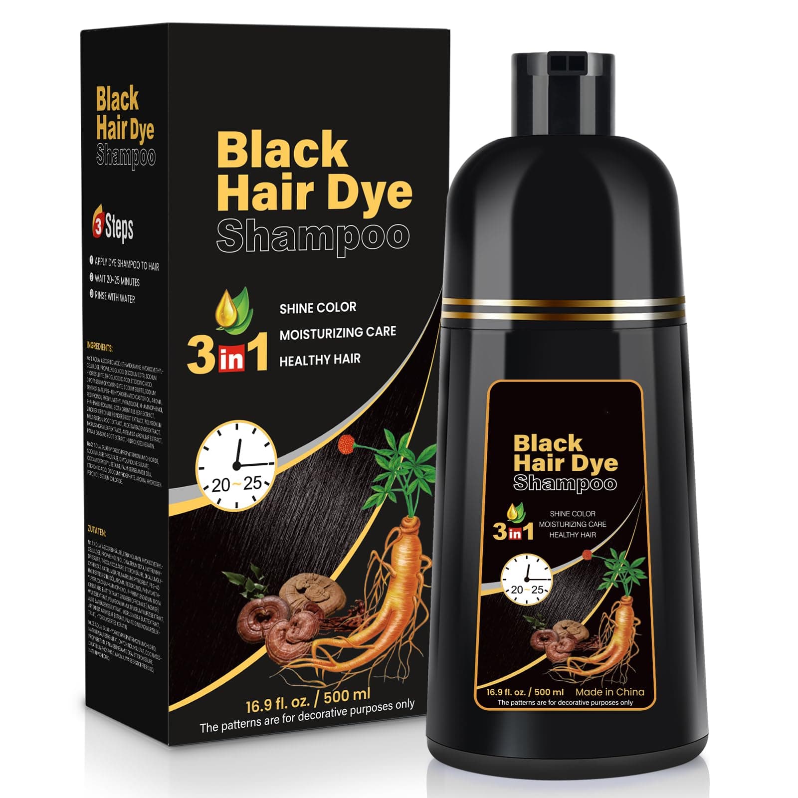 Champú Tinte Canas Negro 3 en 1, Tinte Natural para el Cabello, Champú Tinte Cubre Canas, Champu Color Semipermanente para el Cabello, Tinte para Cabello Tratado para Mujer Hombre