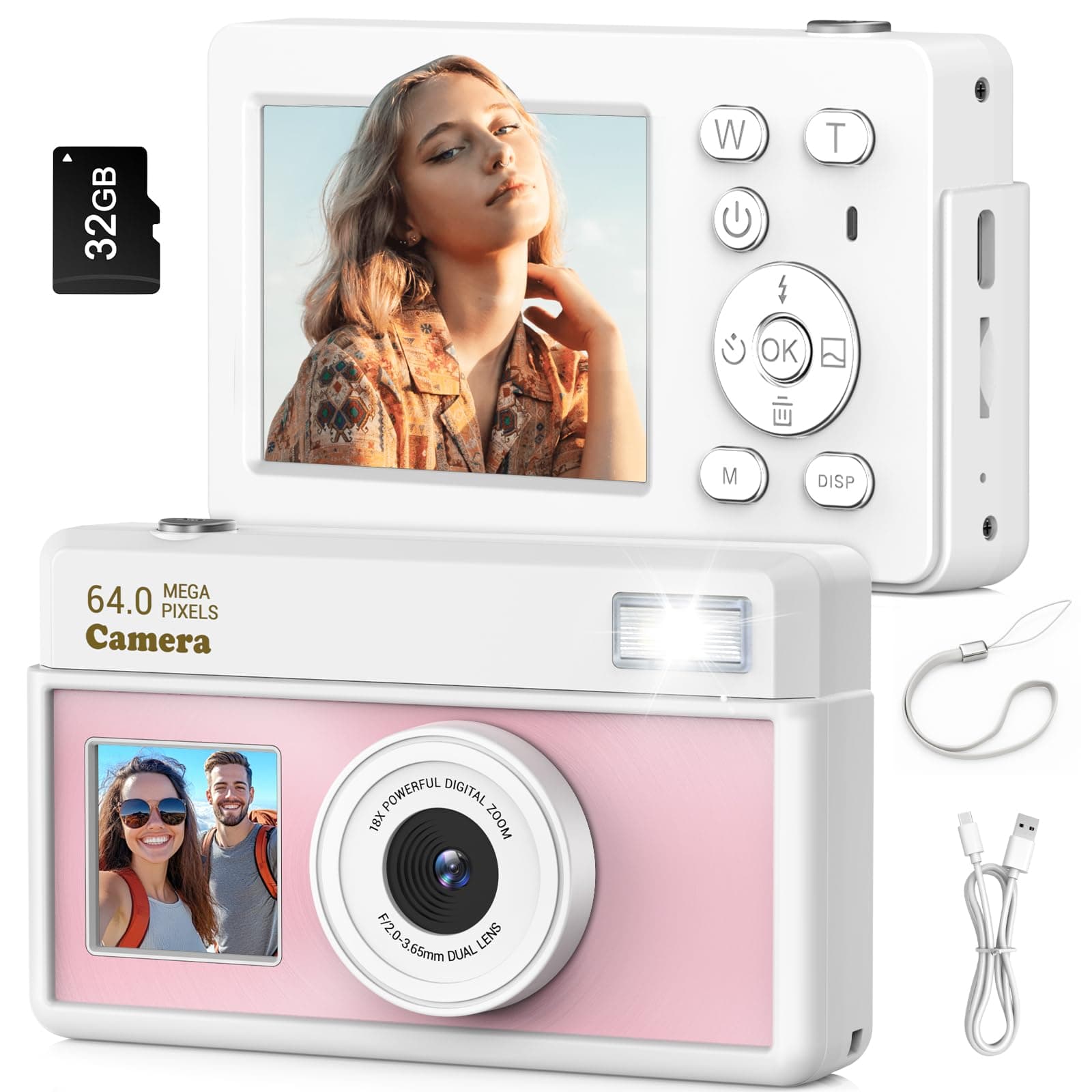 Teoryieer Cámara Digital, Cámara Compacta Digital 4K de 64 MP, Tarjeta de 32 GB, Antivibración, Zoom de 18 Aumentos, Cámara para Vlogs para Adolescentes y Adultos Principiantes (Rosa Blanco)