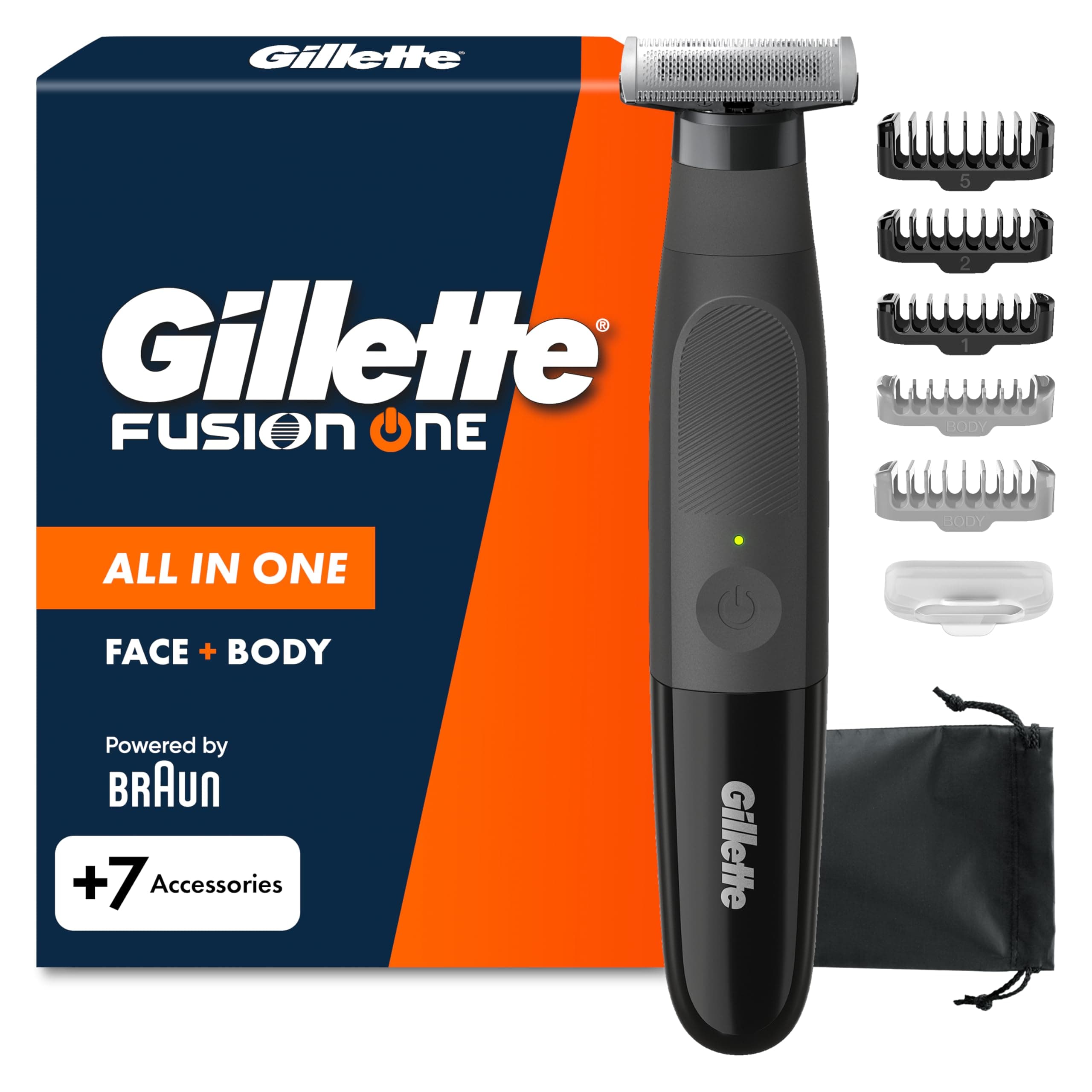 Gillette Fusion One Rasoio Elettrico Uomo Barba e Corpo, 3 Pettini Barba (1,2,5mm) e 1 Pettine Corpo, Testina Oscillante, Custodia, Impermeabile, Senza Fili, 45 Min Autonomia, Tecnologia Braun
