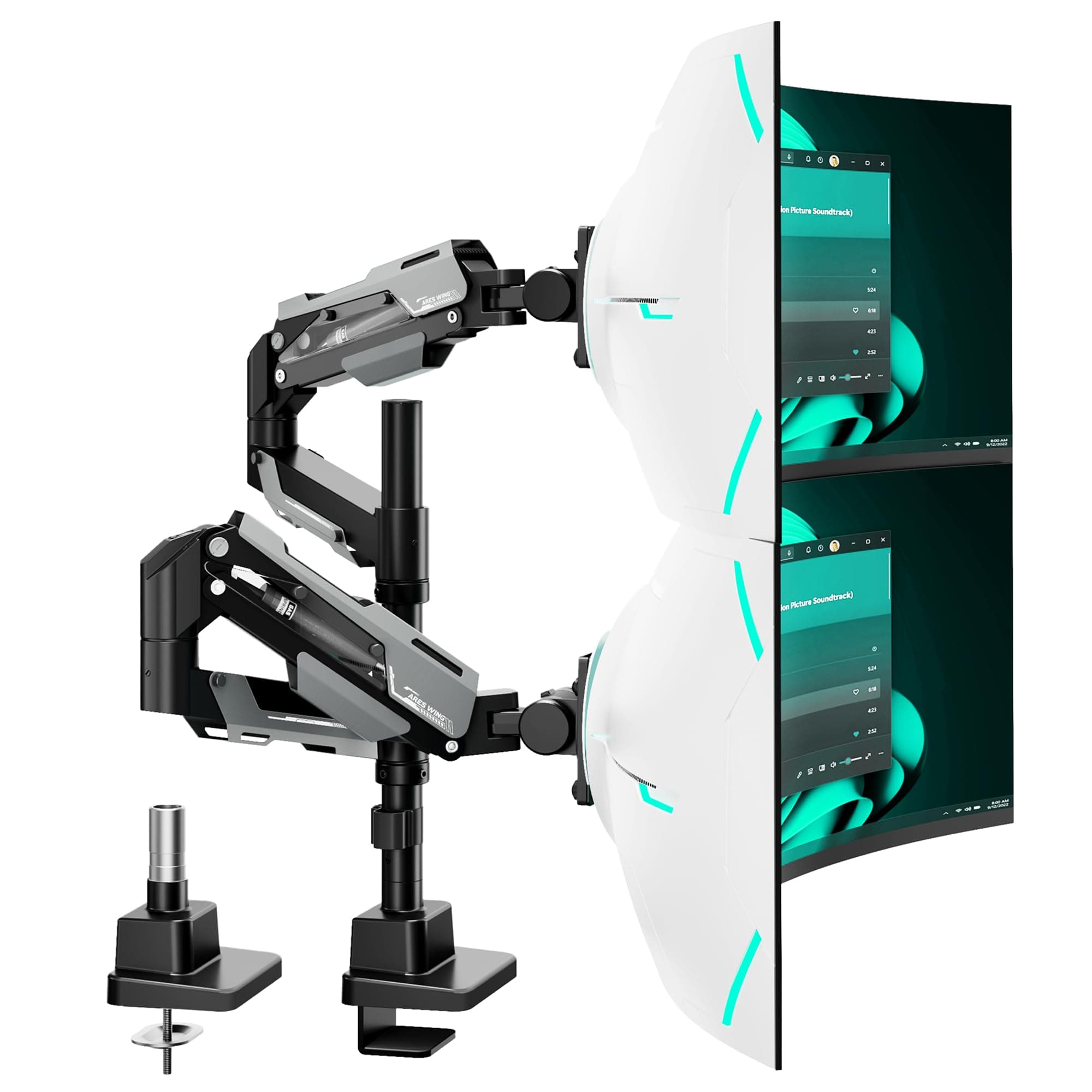 ARES WING Soporte para Monitor de 24-57 Pulgadas para 2 monitores, Brazo Monitor Doble de Alta Resistencia Ajustable Inclinar Girar, Peso 2-27kg, VESA 75/100/200 mm, Negro