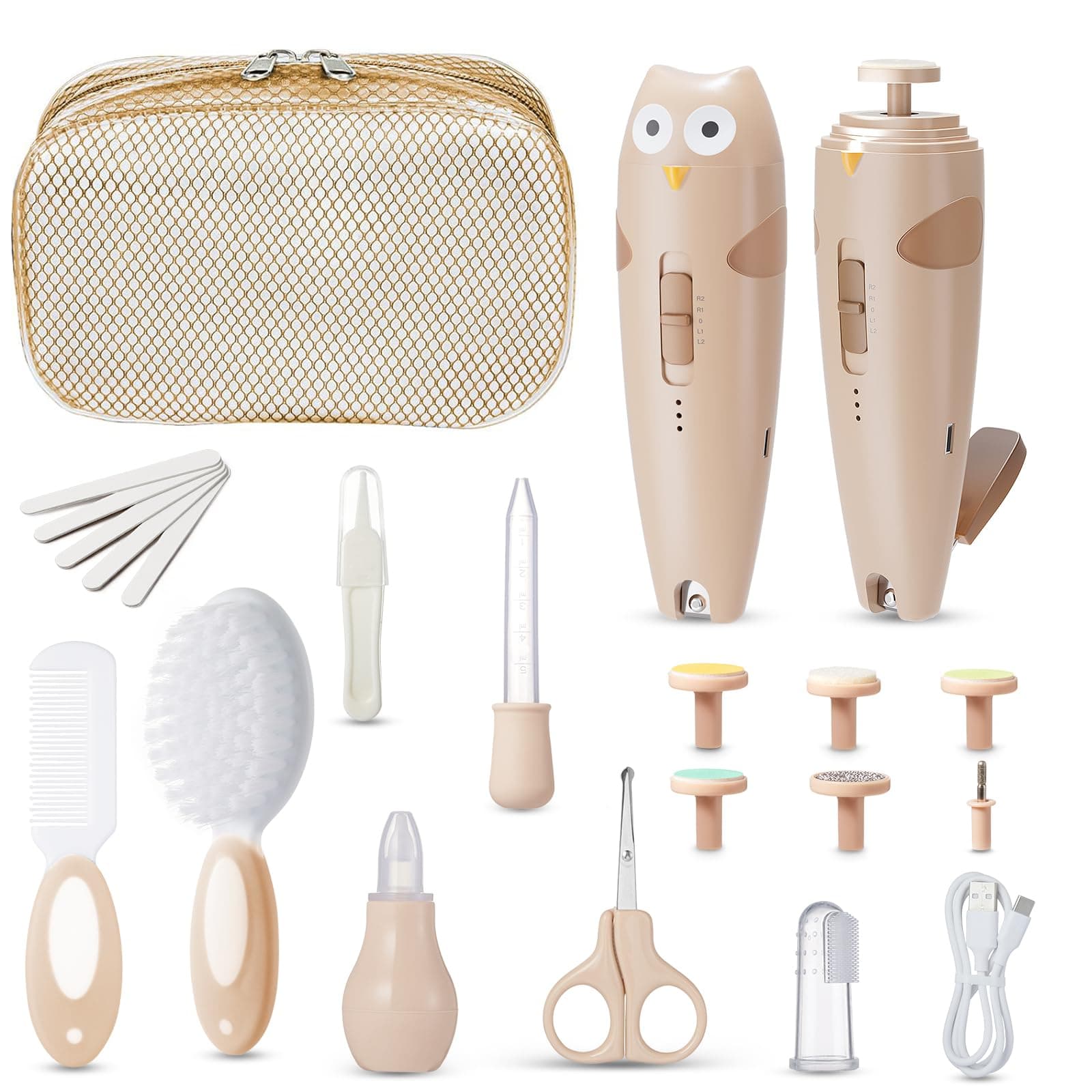 Lictin Set para Cuidado del Bebé-25 en 1 recargable cortaúñas eléctrico para bebé set, Lima de uñas para bebés con iluminación automática, Portátil Kit de Aseo para Bebés, ¡gran idea de regalo (Caqui)