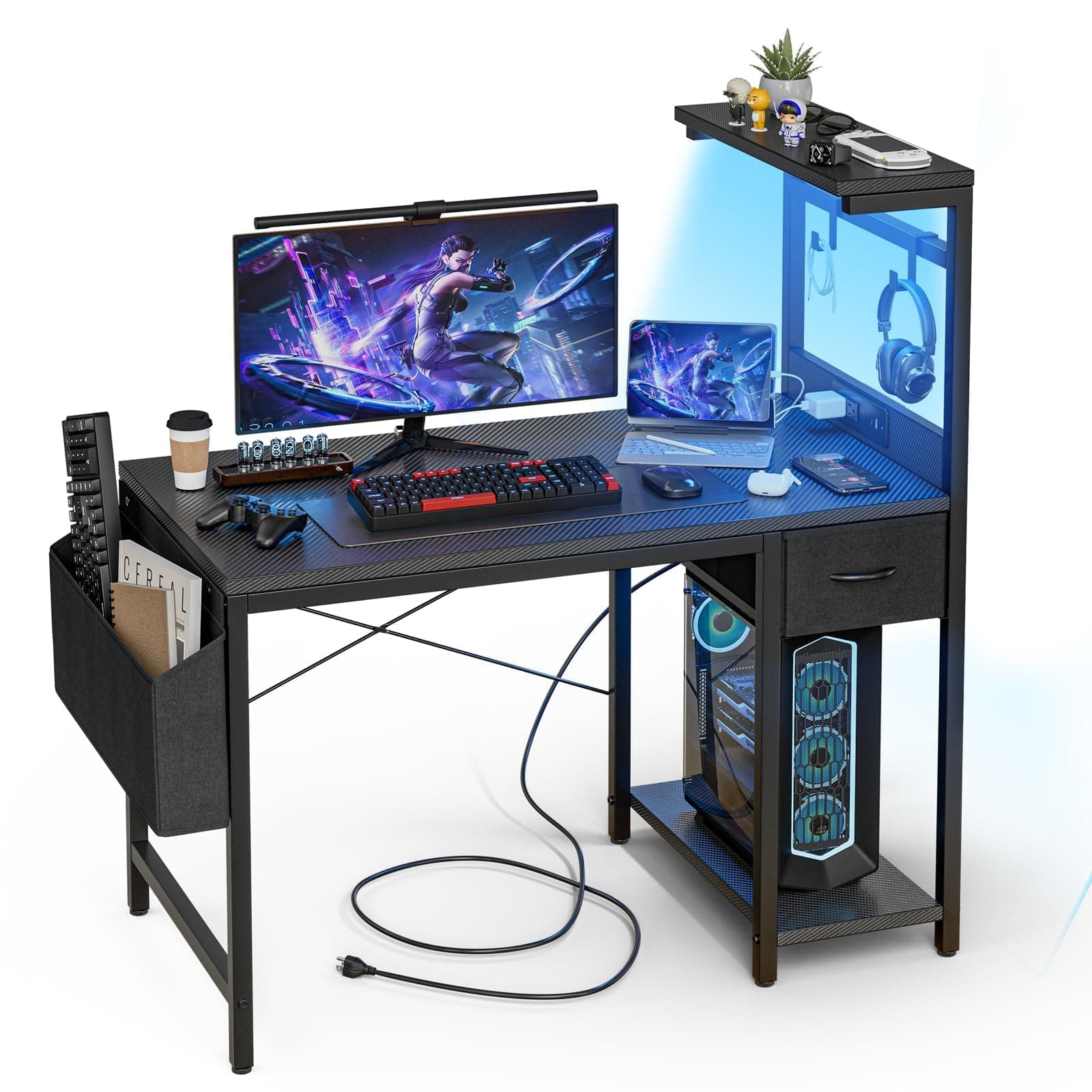 Grandder Scrivania Gaming 100x50cm con Presa di Corrente e Luci LED, Tavolo per PC Compatto con Ripiani Reversibili e Cassetto, Scrivania per Ufficio e Casa con Borsa Portaoggetti, Nero